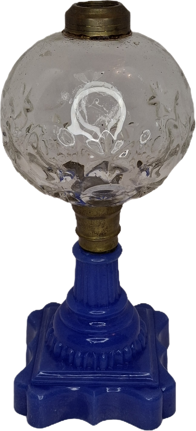 Antique Moon and Star Glass Oil Lamp | Opaque Violet-Blue Baroque Base | c. 1870s