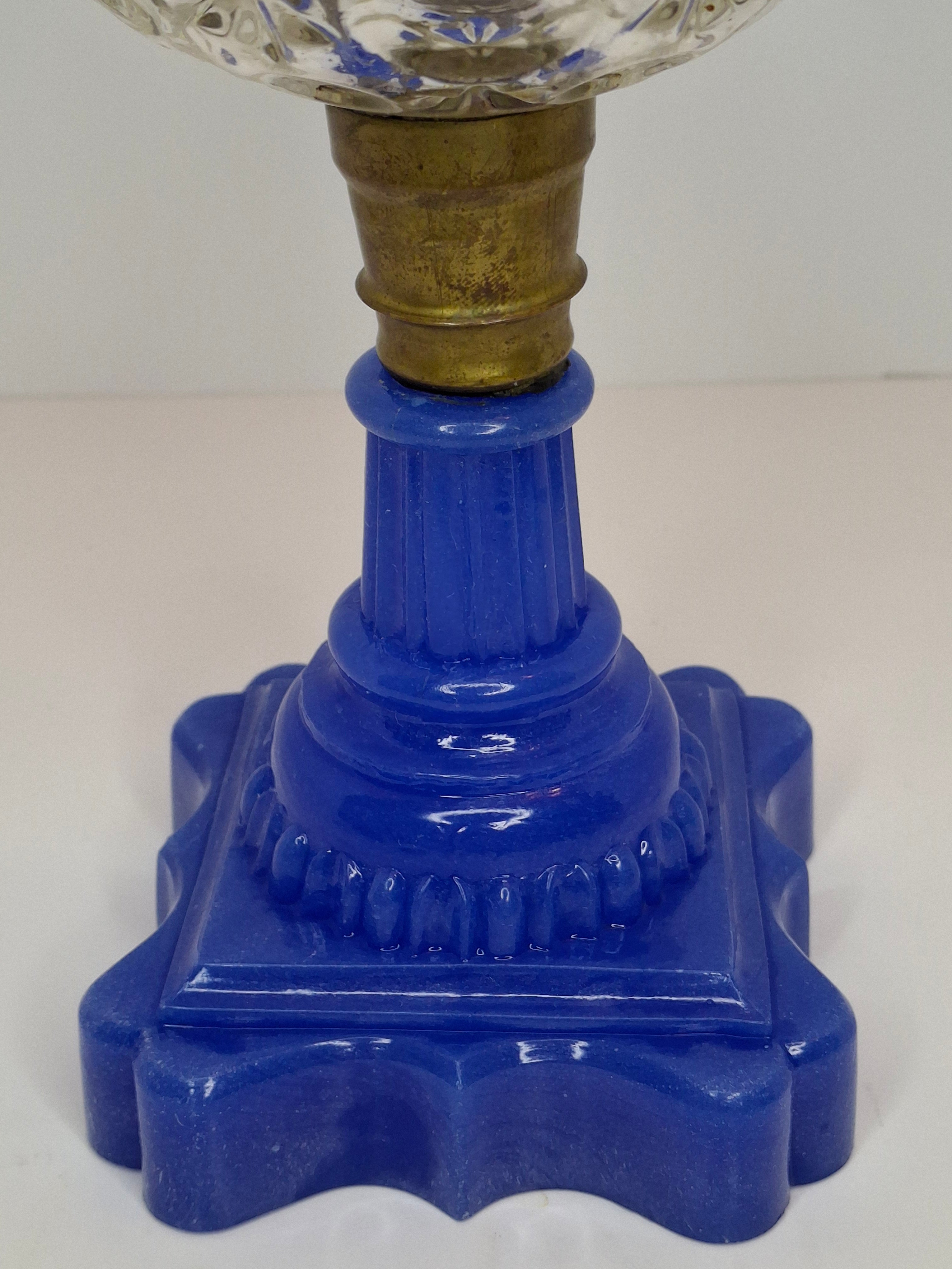 Antique Moon and Star Glass Oil Lamp | Opaque Violet-Blue Baroque Base | c. 1870s