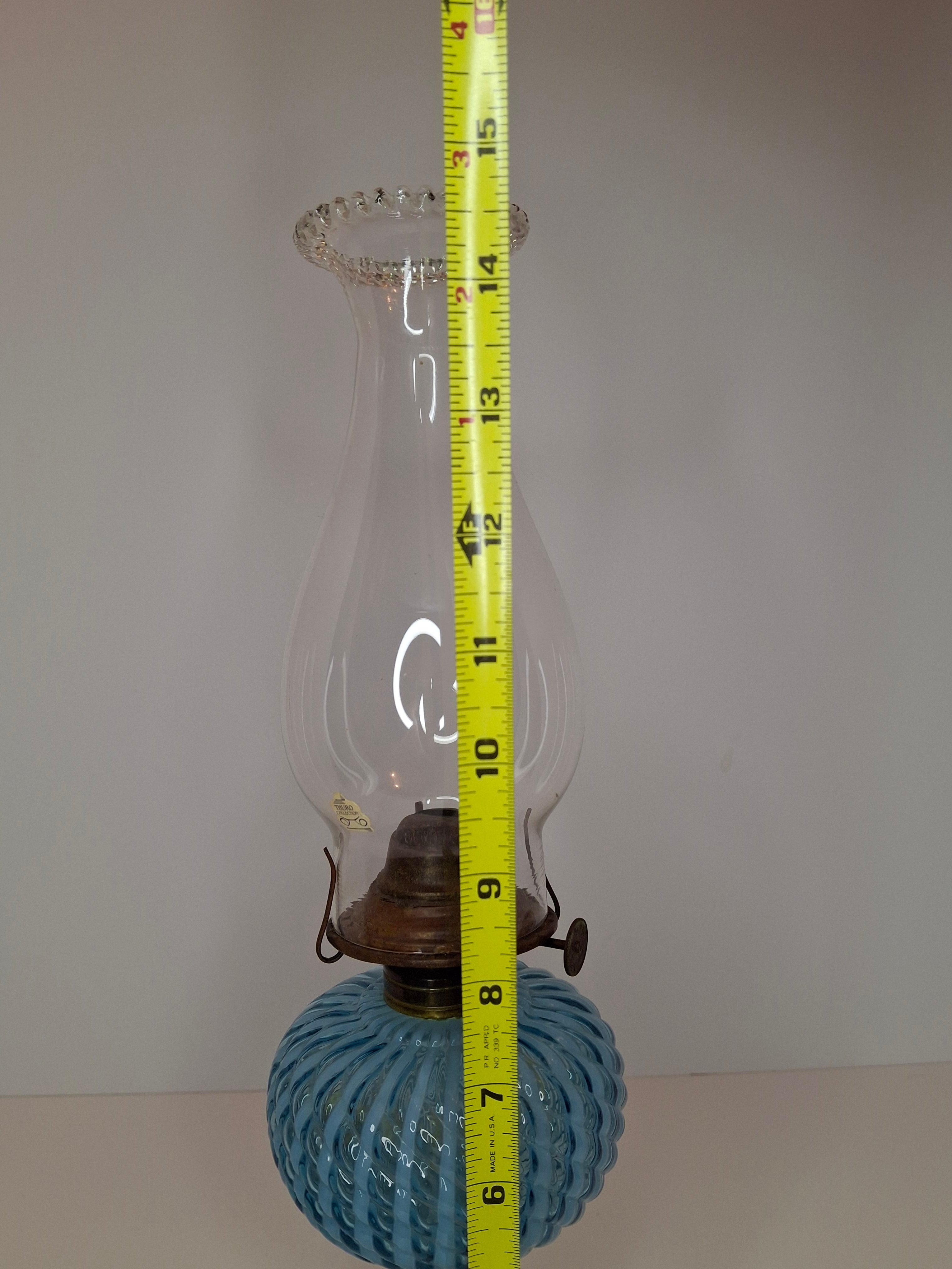 Rare Thuro Collection Sheldon Swirl Opalescent Kerosene Oil Lamp Blue Reverse