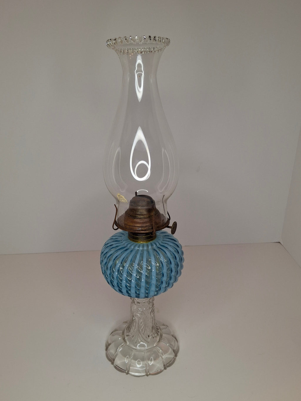 Rare Thuro Collection Sheldon Swirl Opalescent Kerosene Oil Lamp Blue Reverse