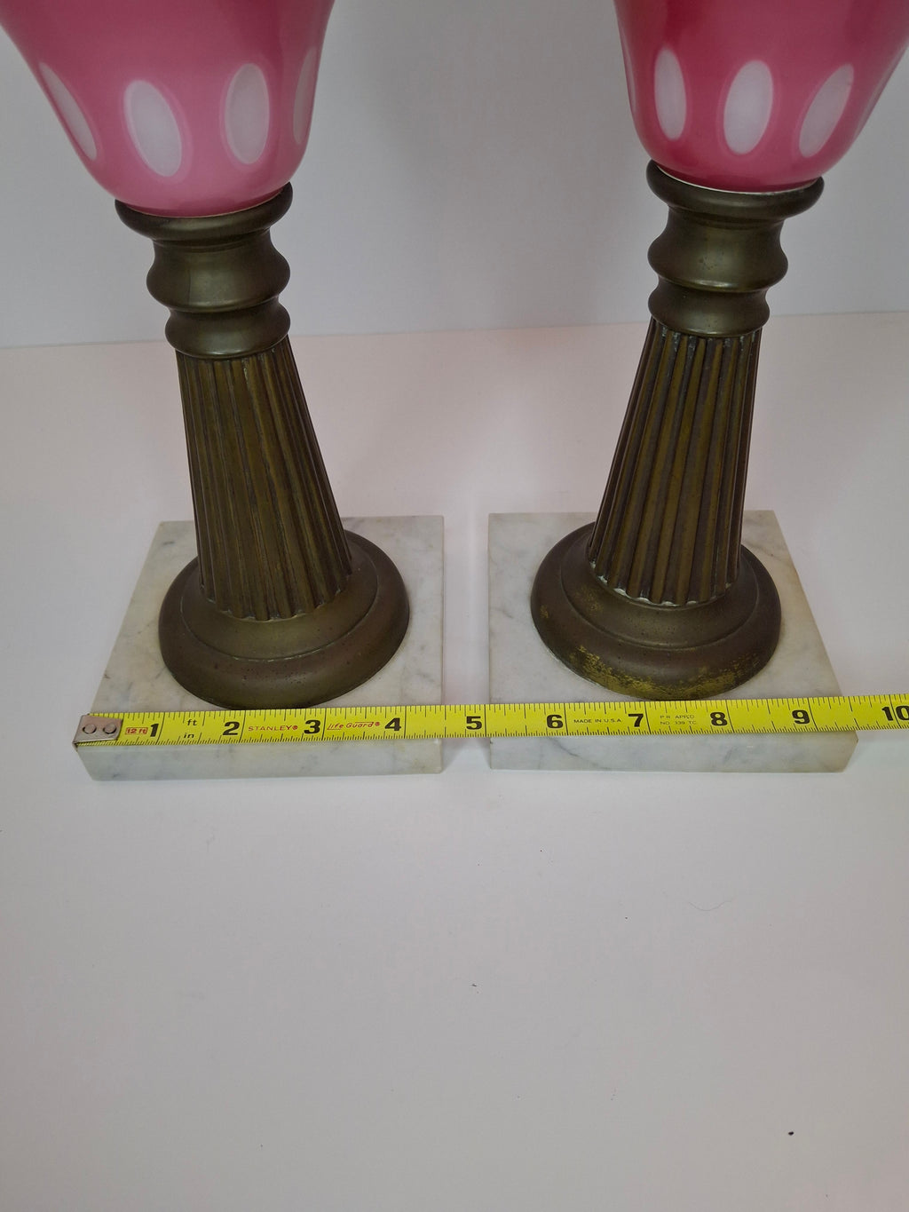 Antique Pair Rose Pink to White Overlay Glass Lamps Punty Cut Marble Brass 11"