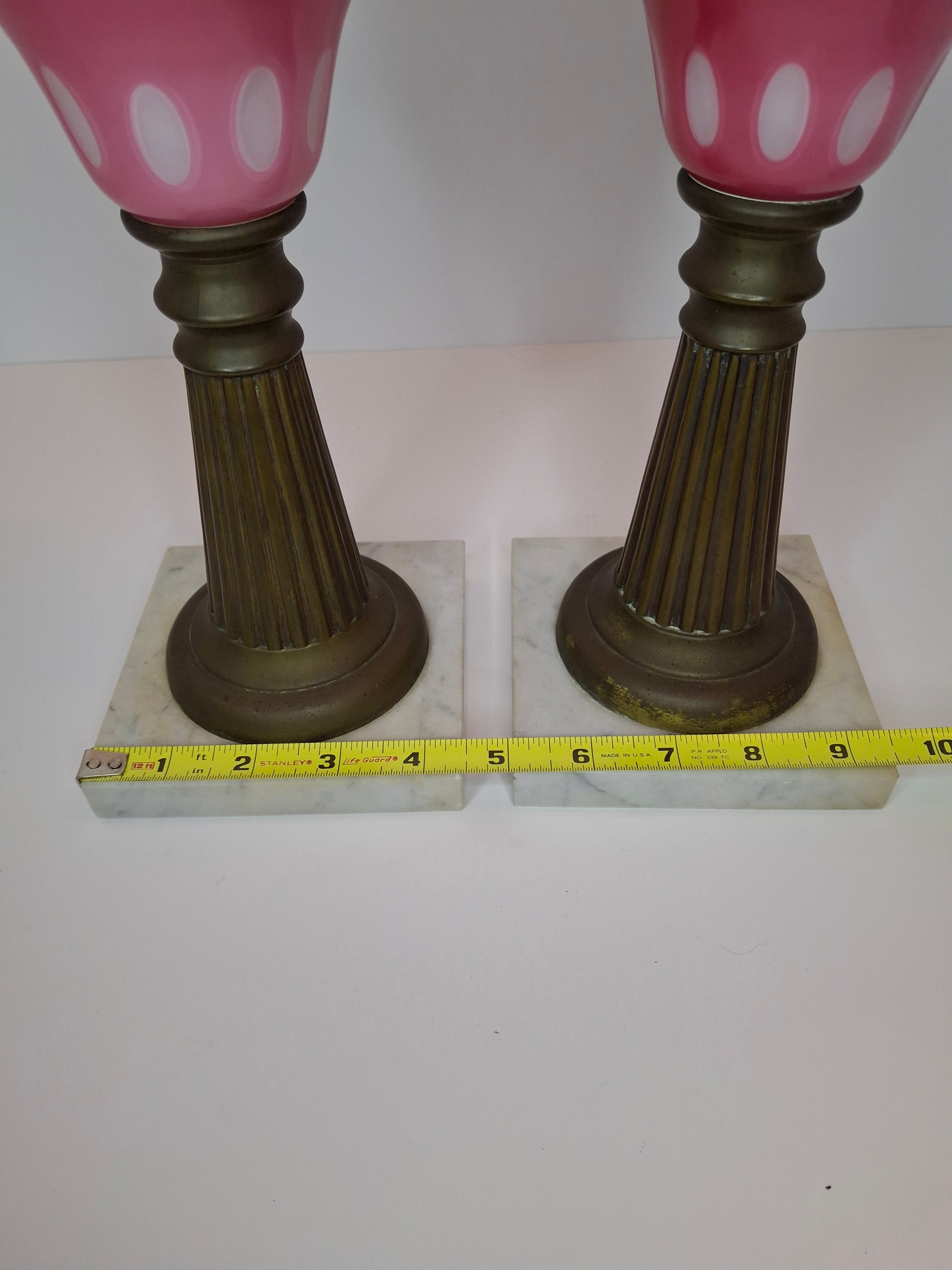Antique Pair Rose Pink to White Overlay Glass Lamps Punty Cut Marble Brass 11"