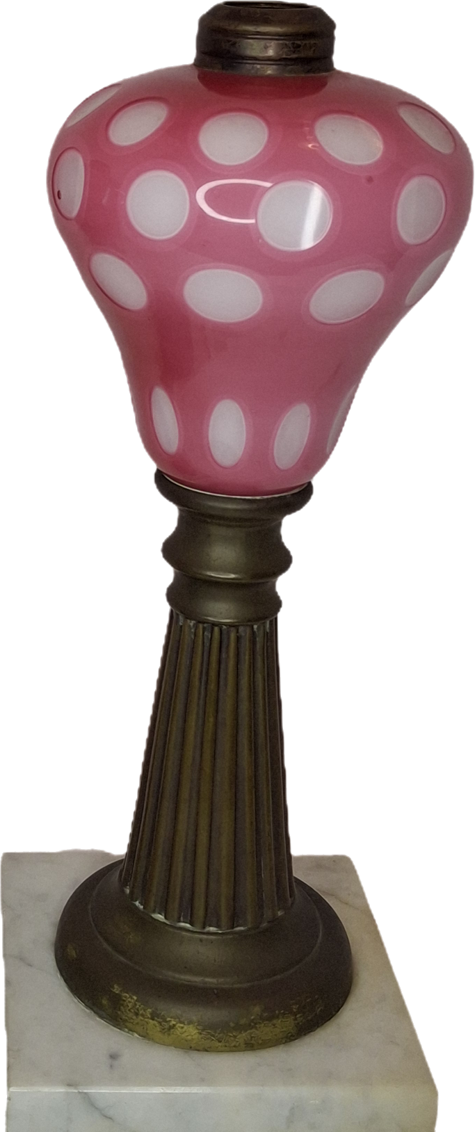Antique Pair Rose Pink to White Overlay Glass Lamps Punty Cut Marble Brass 11"