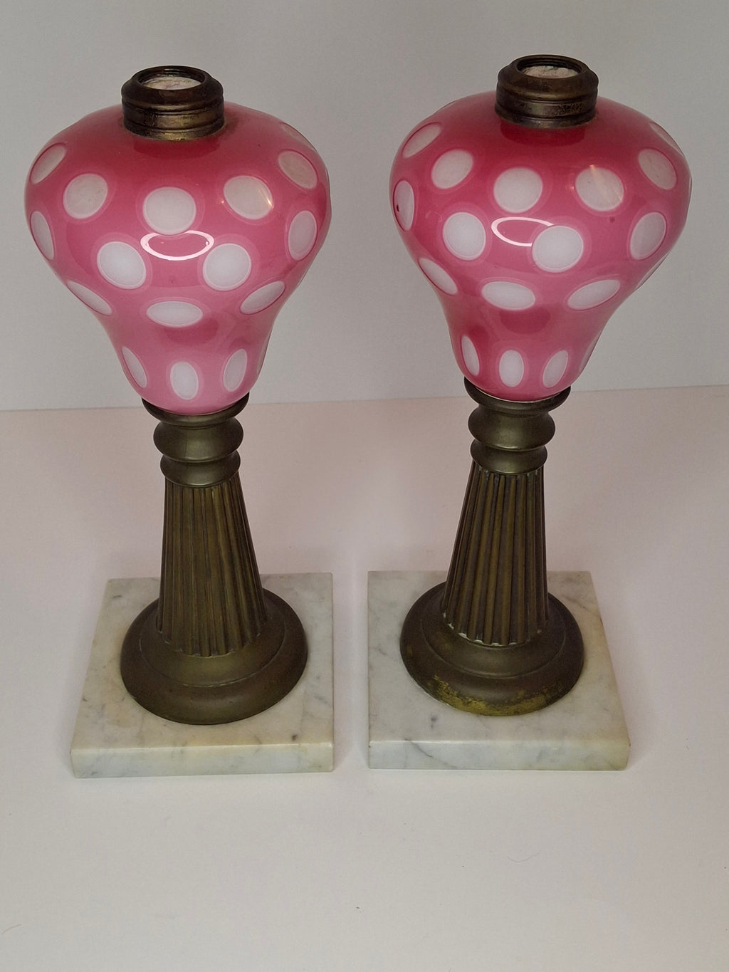 Antique Pair Rose Pink to White Overlay Glass Lamps Punty Cut Marble Brass 11"