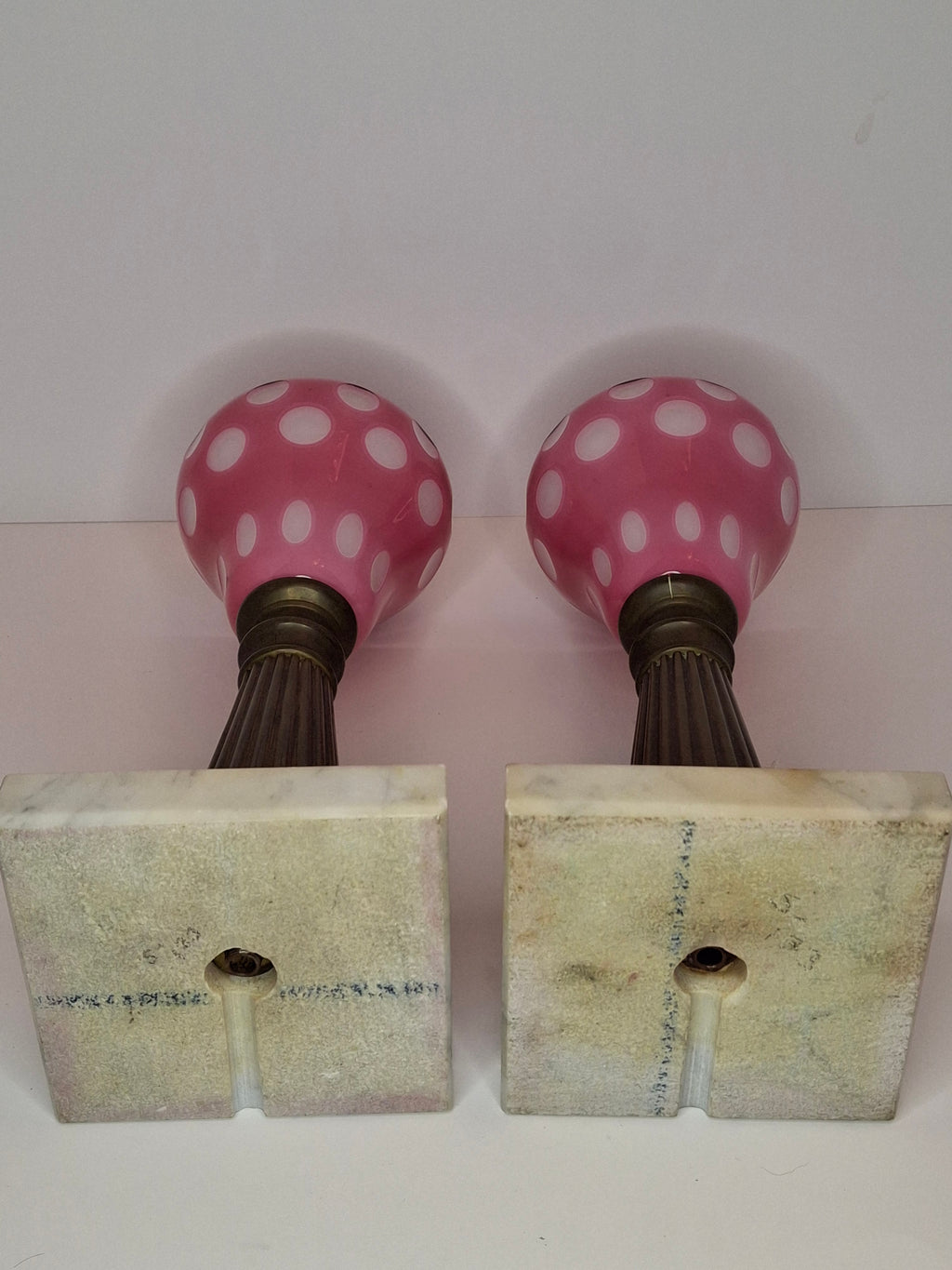 Antique Pair Rose Pink to White Overlay Glass Lamps Punty Cut Marble Brass 11"