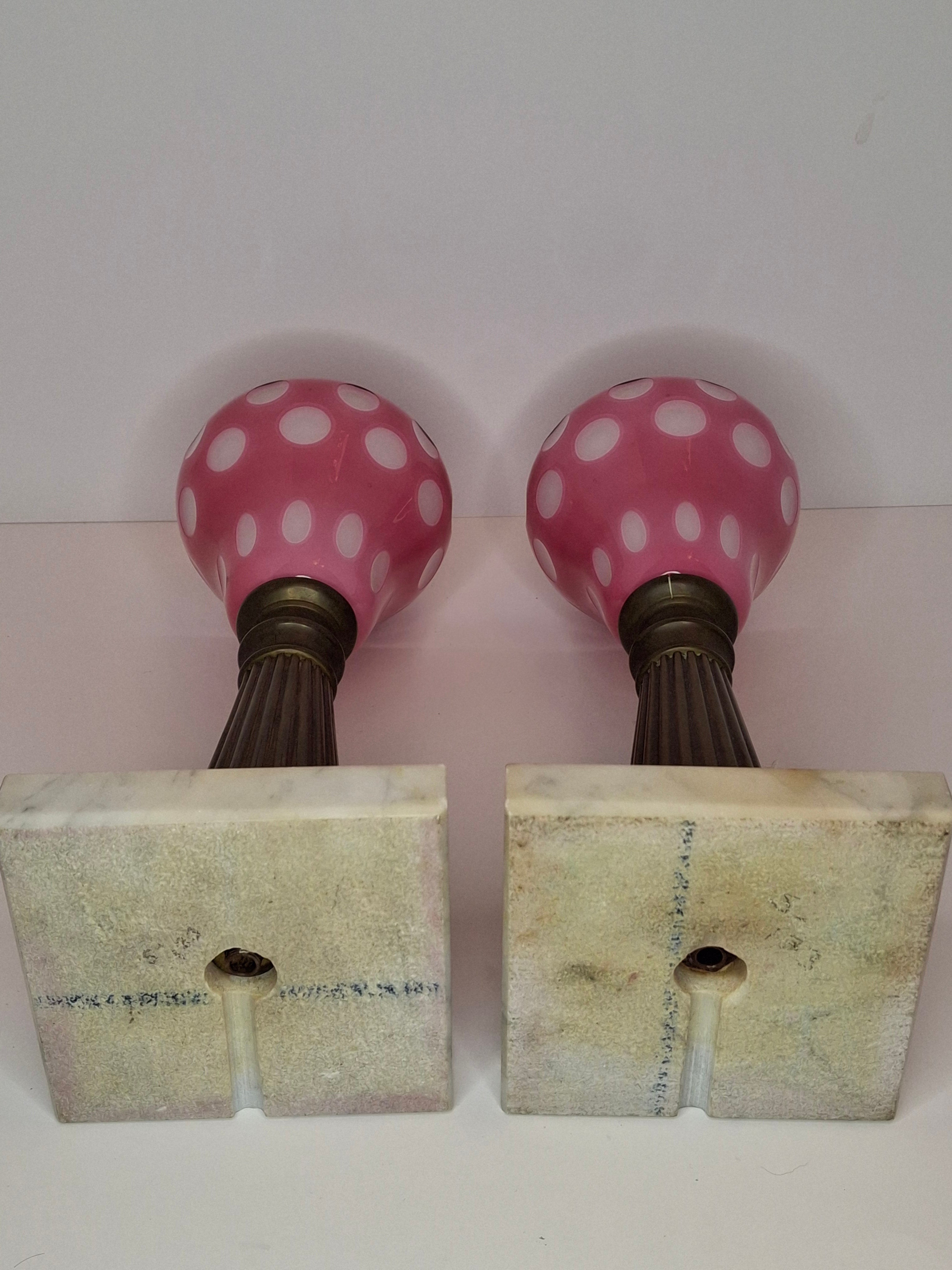 Antique Pair Rose Pink to White Overlay Glass Lamps Punty Cut Marble Brass 11"