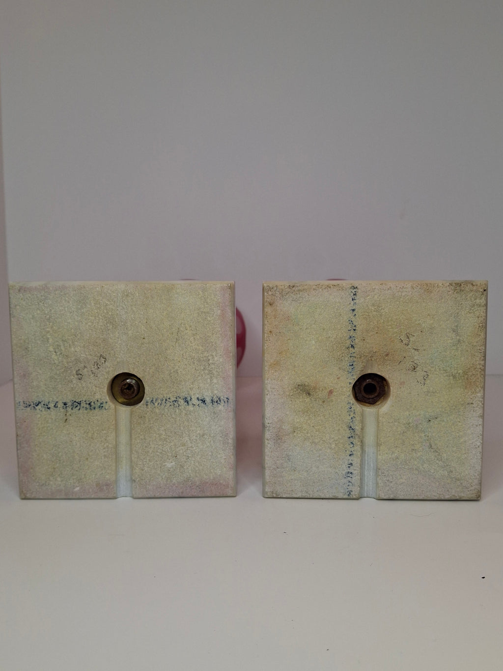 Antique Pair Rose Pink to White Overlay Glass Lamps Punty Cut Marble Brass 11"