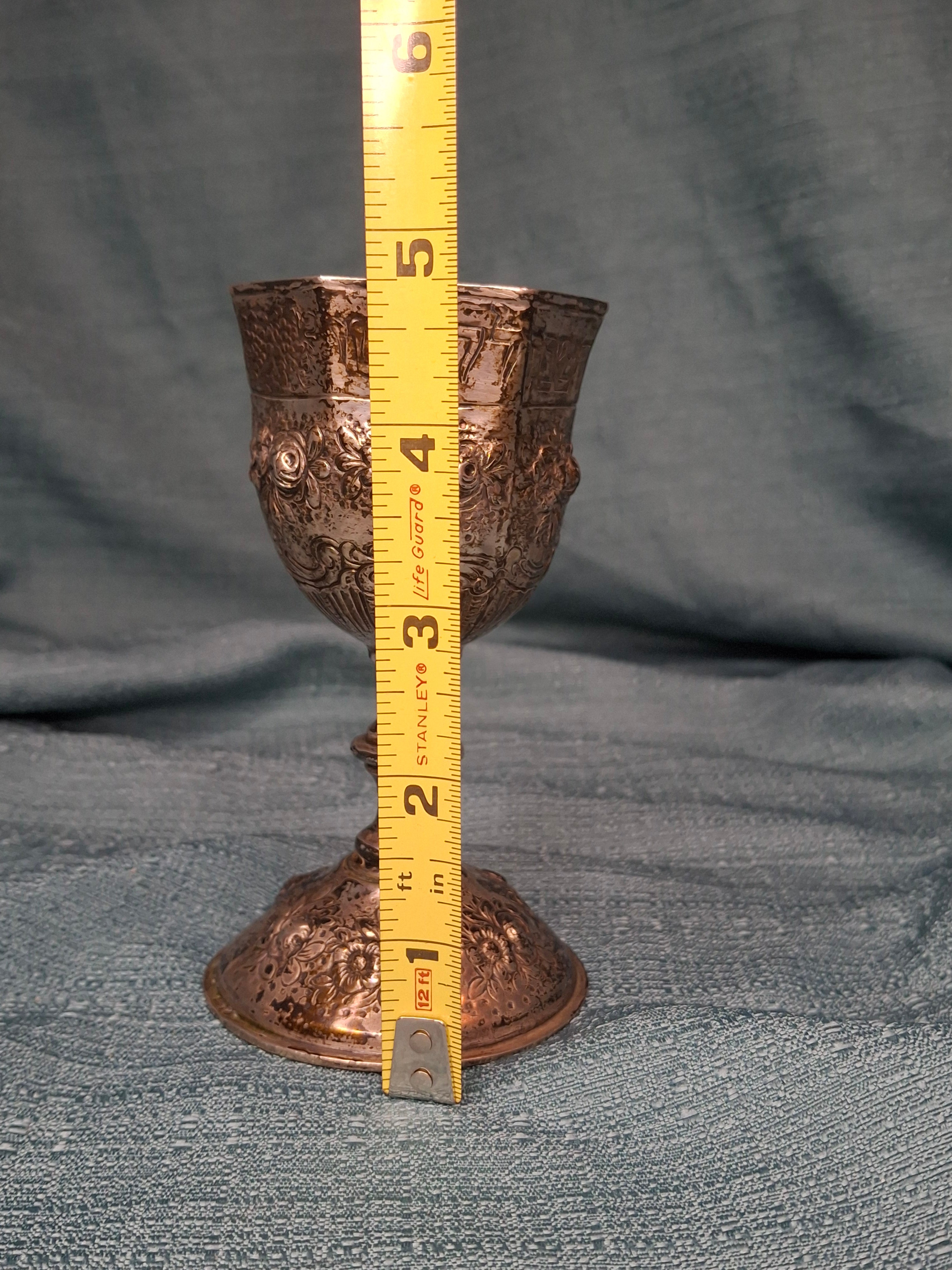 Antique German 800 Silver Kiddush Cup c. 1890 Repoussé Floral Hebrew Inscription 158g