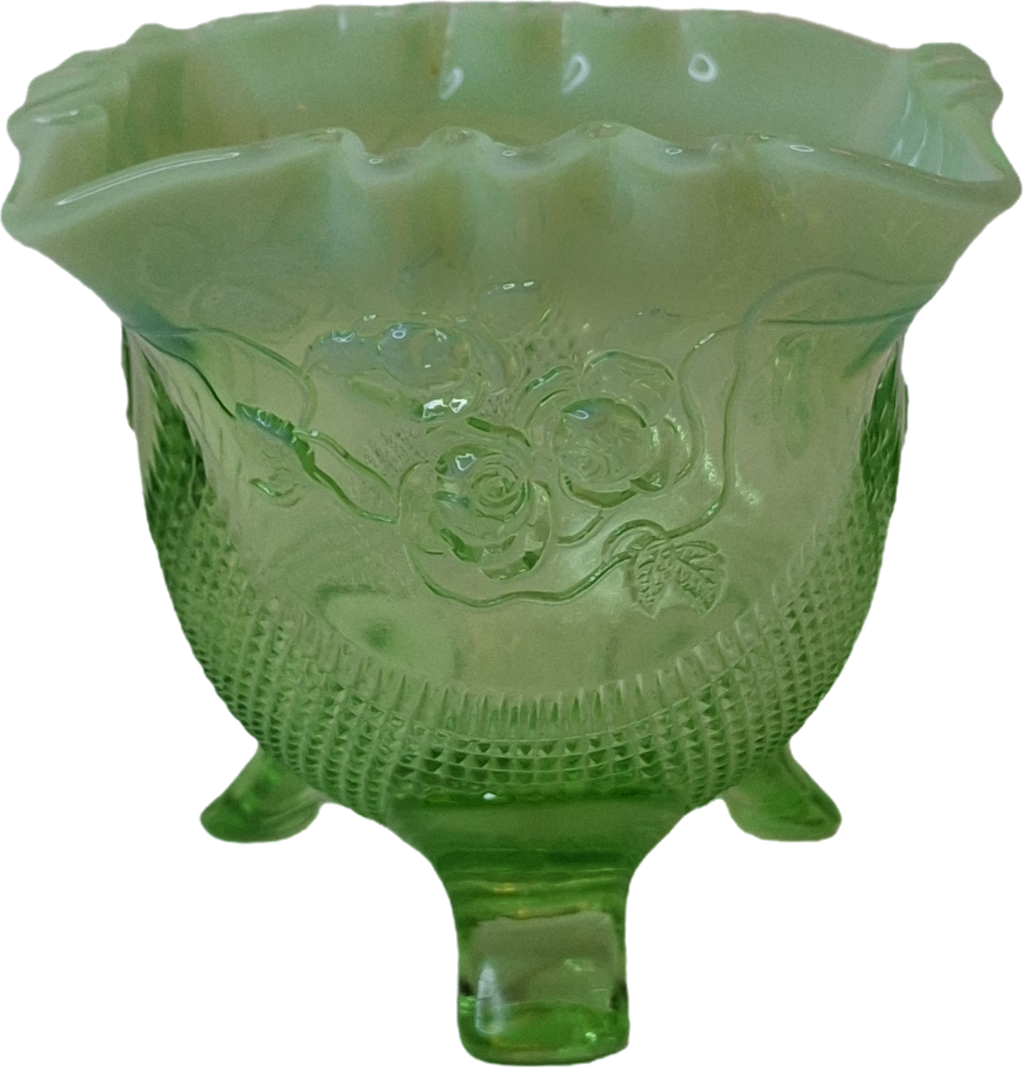 Antique Northwood Green Opalescent Rose Bowl Fine Cut & Roses Glass 4" Footed