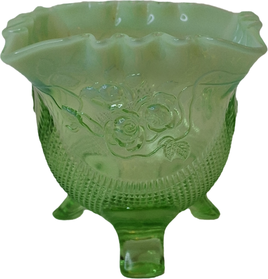 Antique Northwood Green Opalescent Rose Bowl Fine Cut & Roses Glass 4" Footed