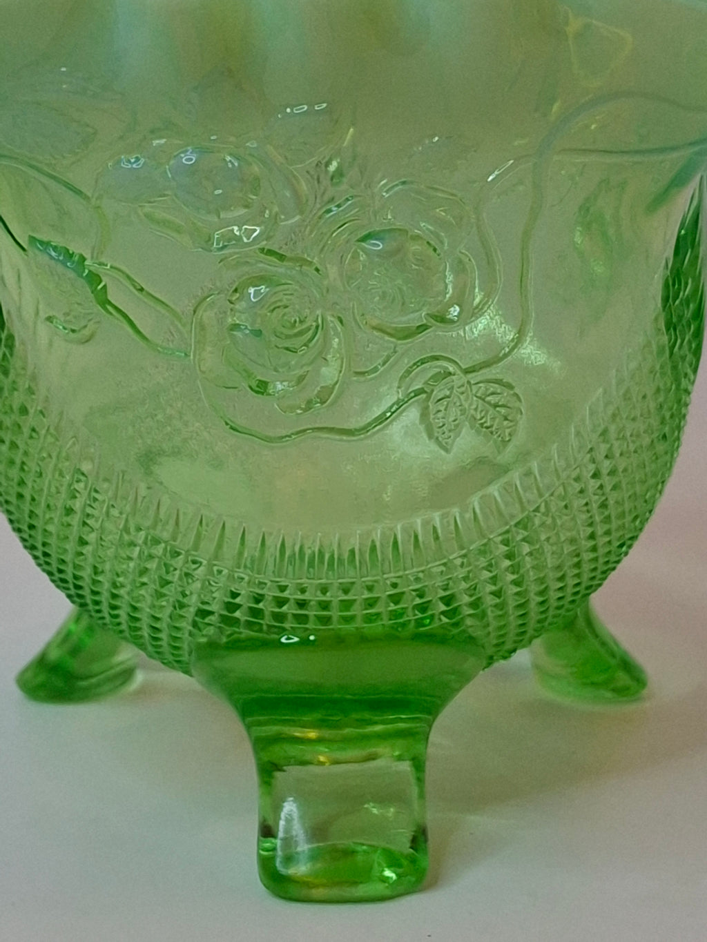 Antique Northwood Green Opalescent Rose Bowl Fine Cut & Roses Glass 4" Footed