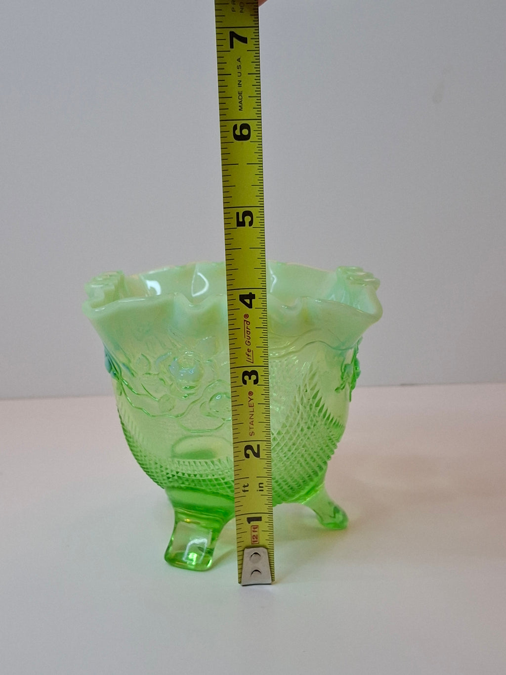 Antique Northwood Green Opalescent Rose Bowl Fine Cut & Roses Glass 4" Footed