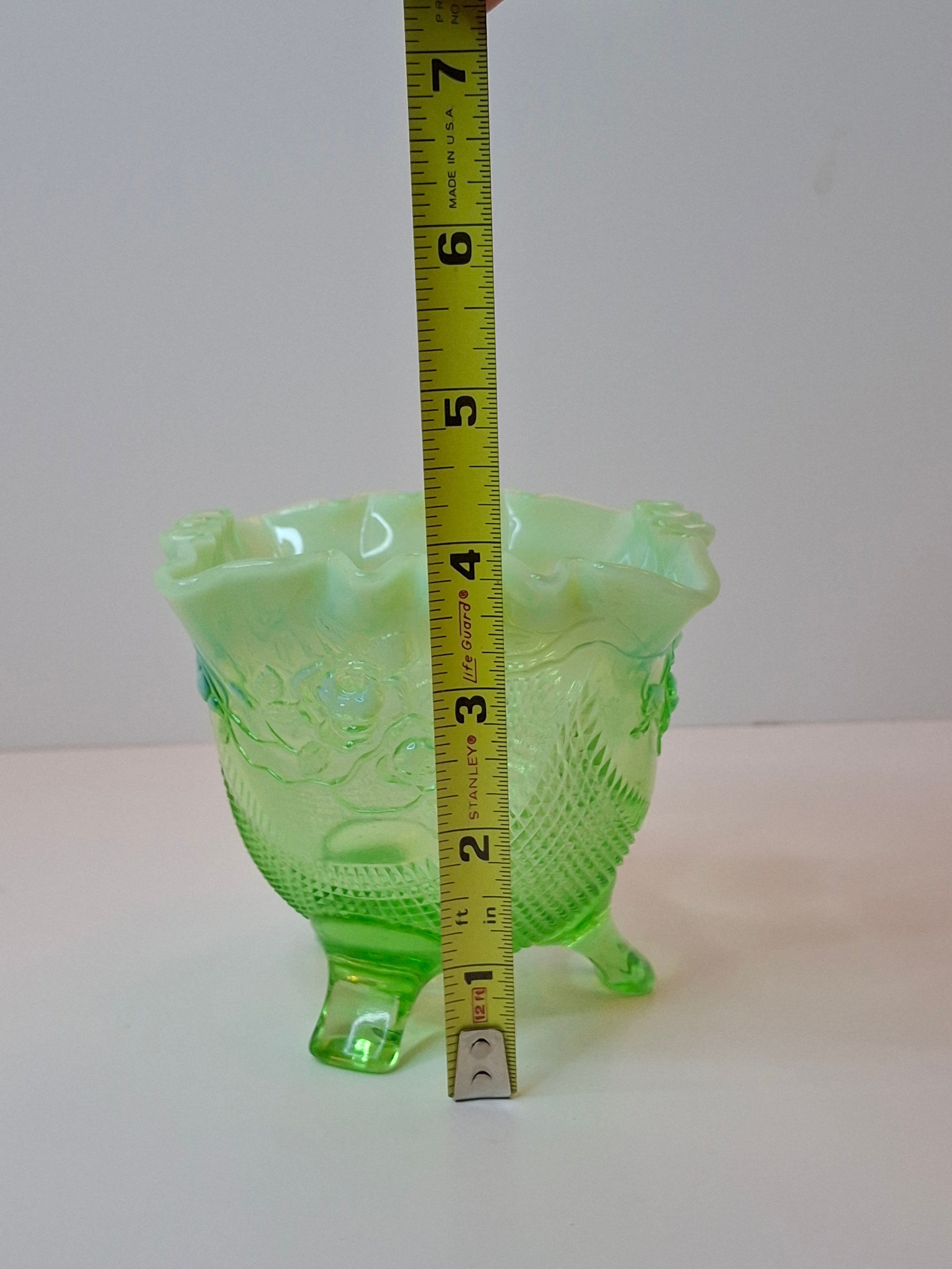 Antique Northwood Green Opalescent Rose Bowl Fine Cut & Roses Glass 4" Footed