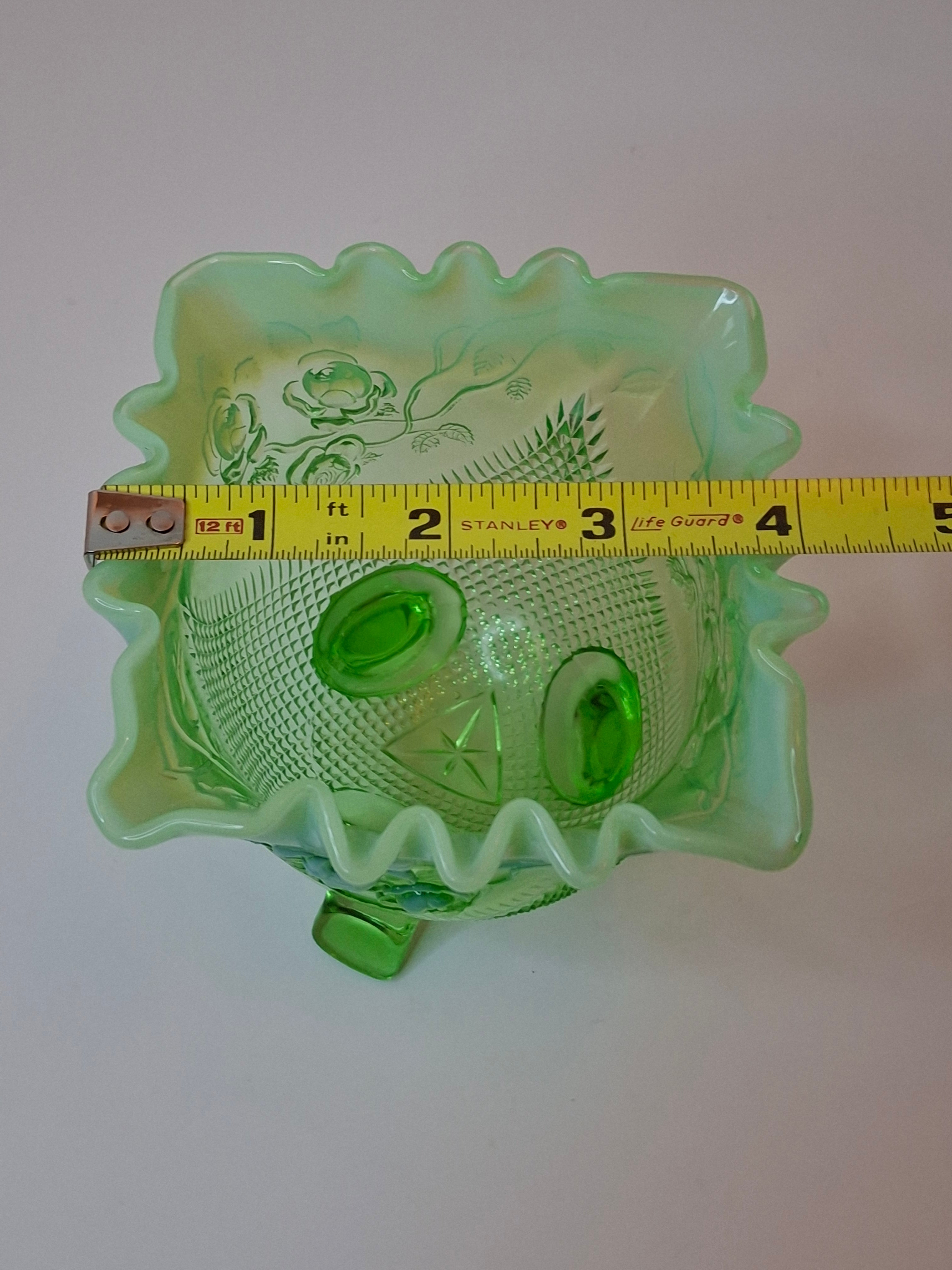 Antique Northwood Green Opalescent Rose Bowl Fine Cut & Roses Glass 4" Footed