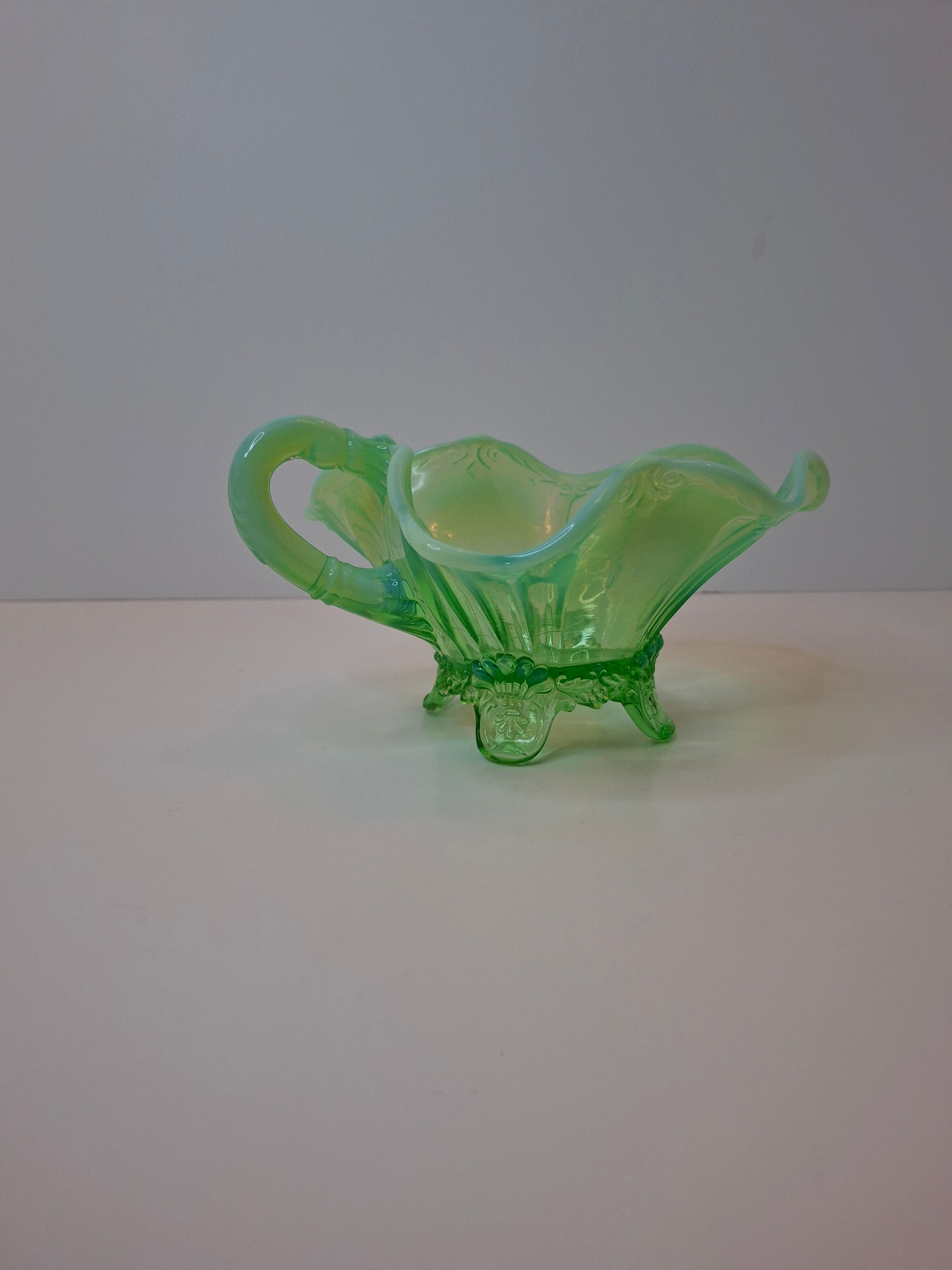 Antique Jefferson Glass Green Opalescent Jewel and Fan 3-Footed Nappy Dish 1905 EAPG