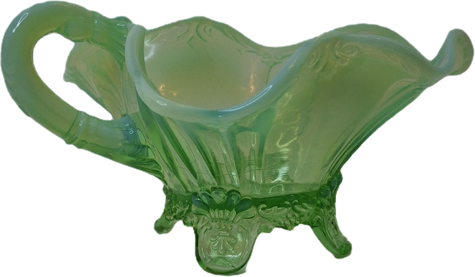 Antique Jefferson Glass Green Opalescent Jewel and Fan 3-Footed Nappy Dish 1905 EAPG
