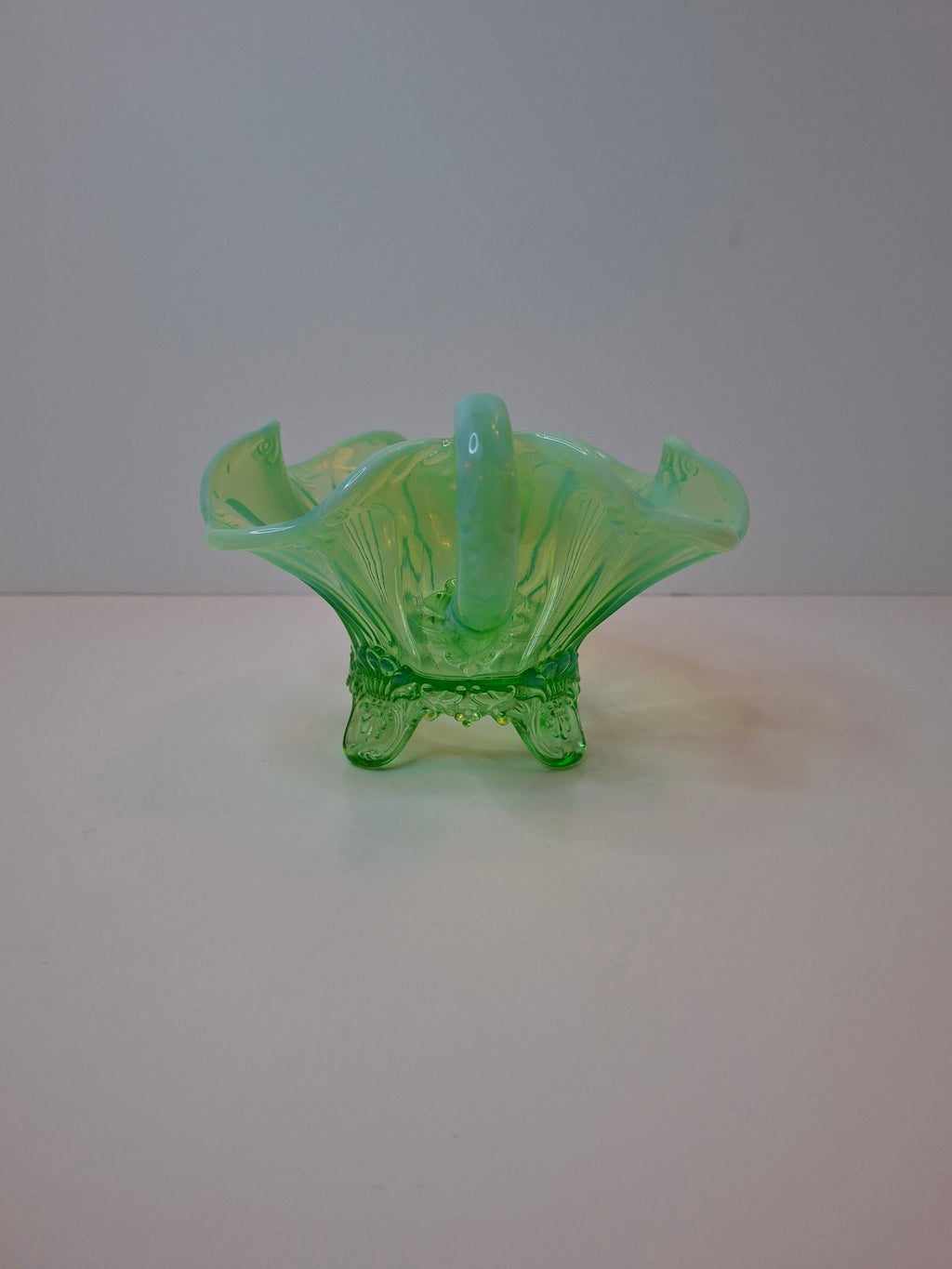 Antique Jefferson Glass Green Opalescent Jewel and Fan 3-Footed Nappy Dish 1905 EAPG