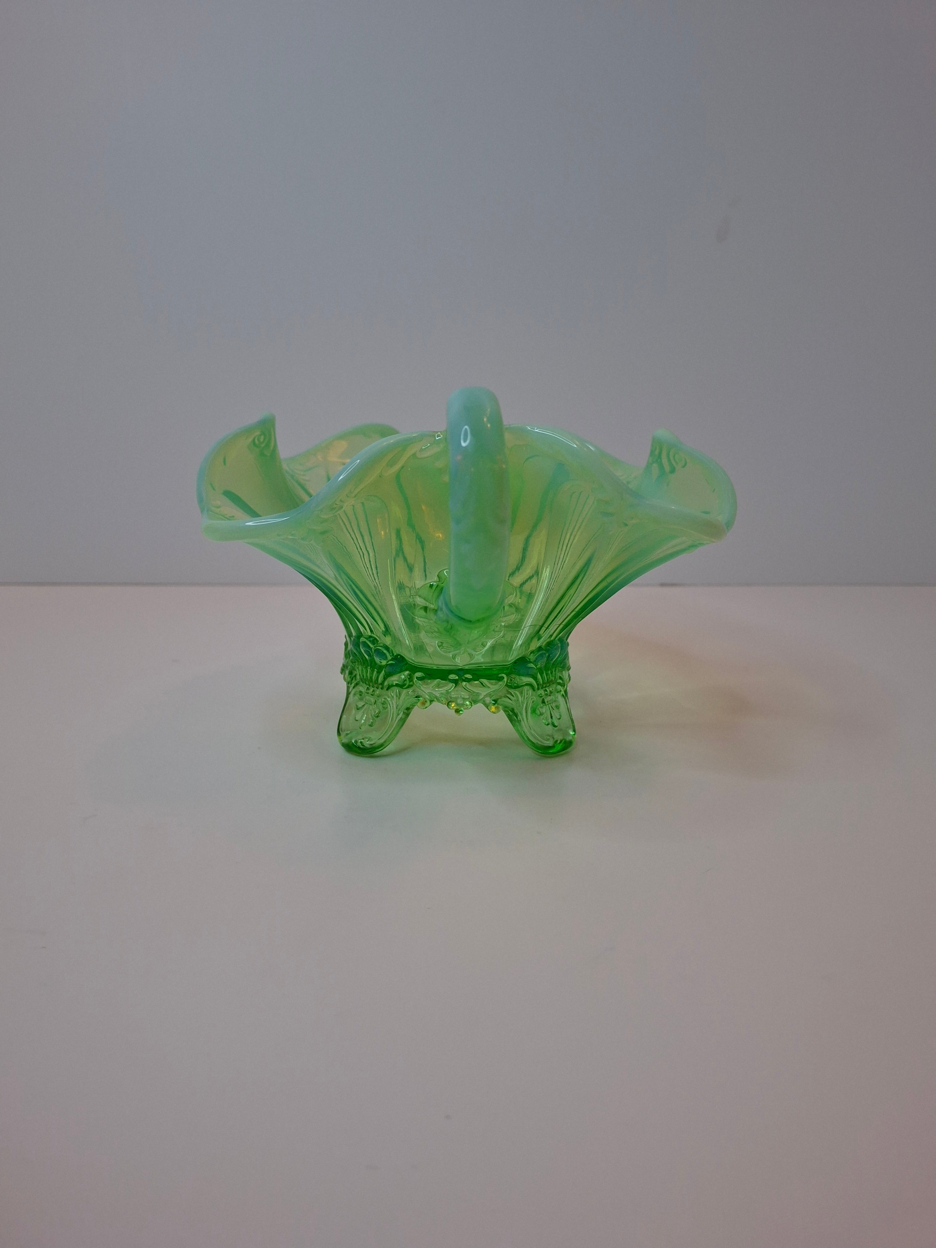 Antique Jefferson Glass Green Opalescent Jewel and Fan 3-Footed Nappy Dish 1905 EAPG