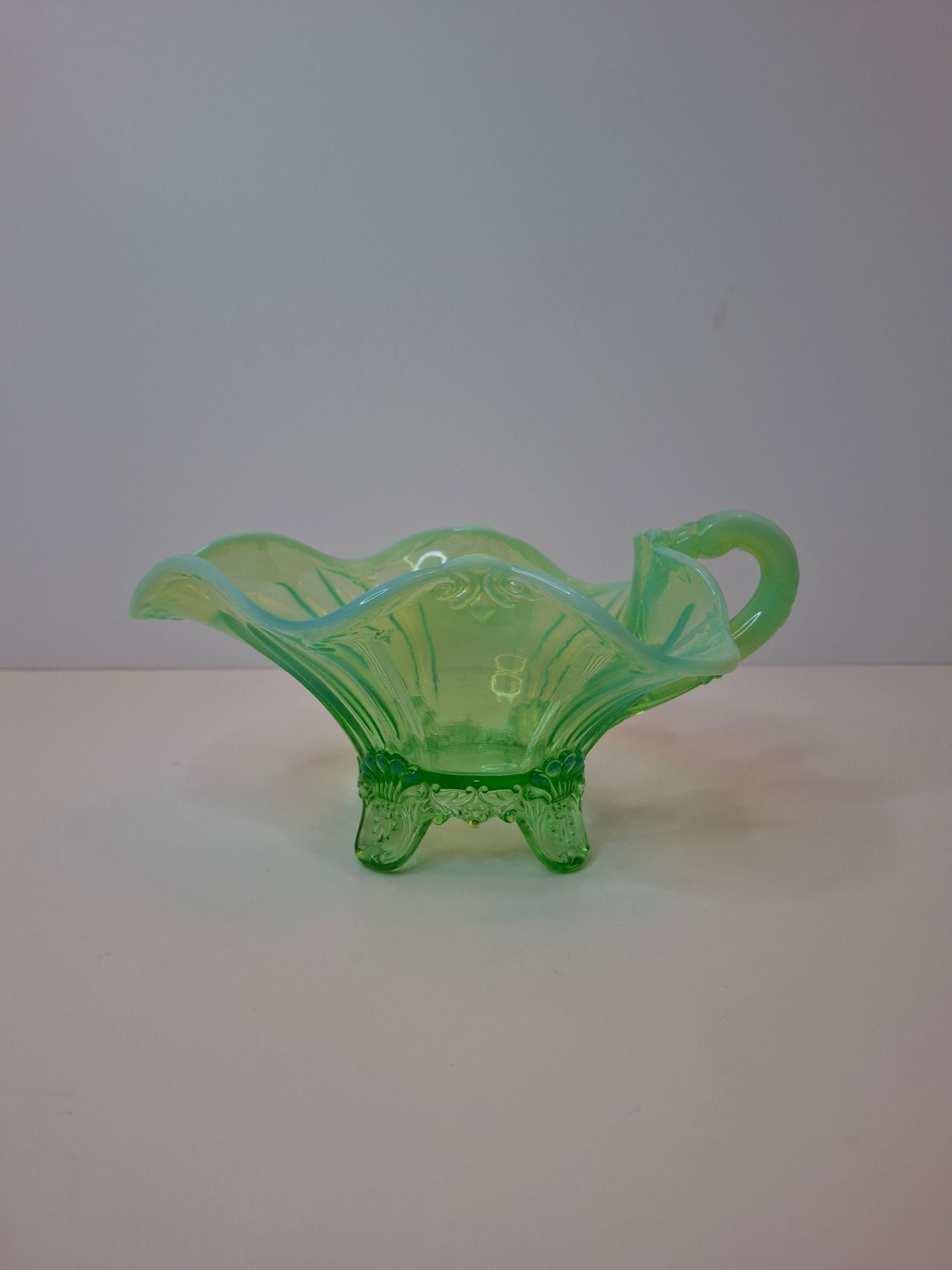 Antique Jefferson Glass Green Opalescent Jewel and Fan 3-Footed Nappy Dish 1905 EAPG