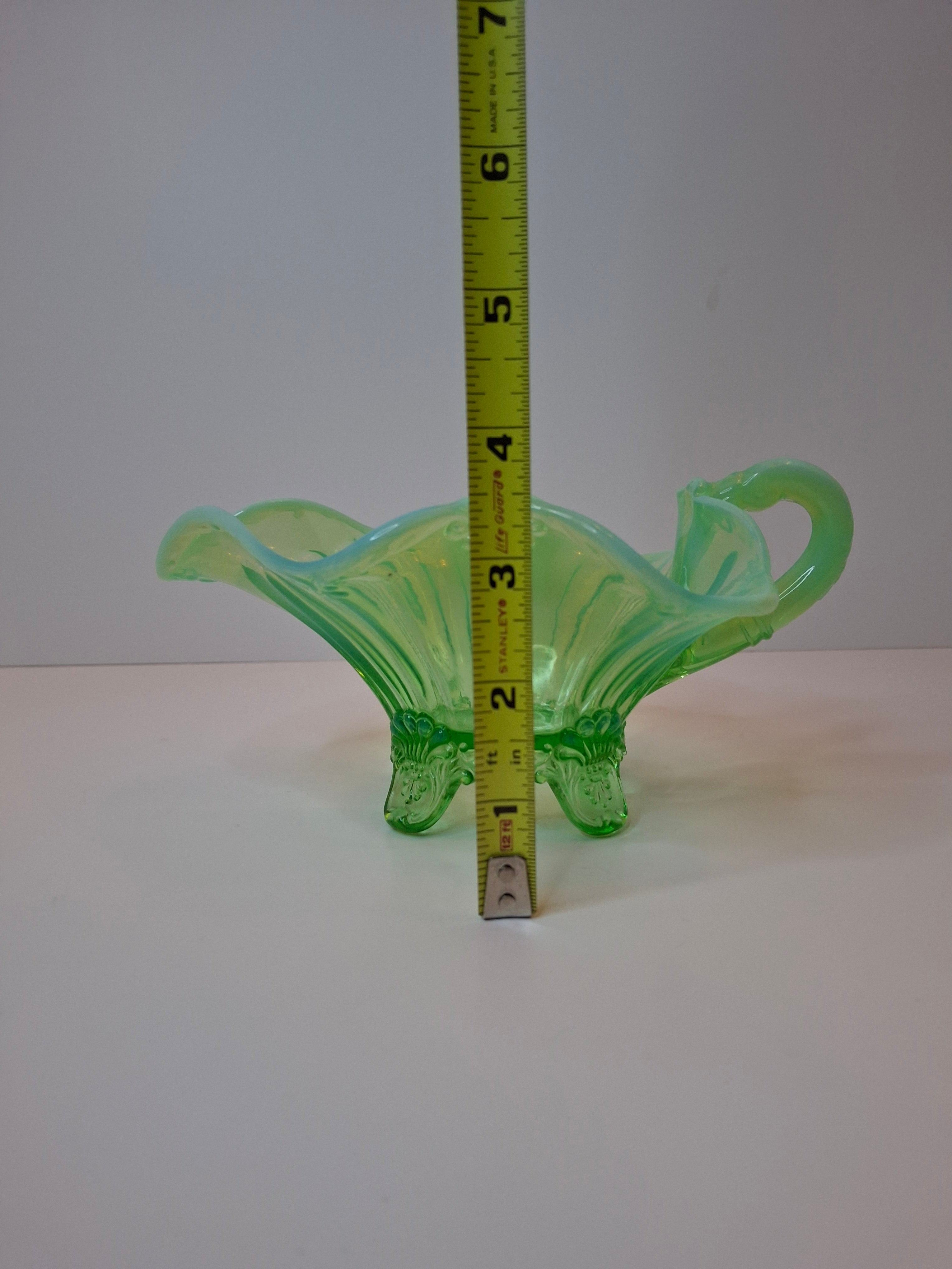 Antique Jefferson Glass Green Opalescent Jewel and Fan 3-Footed Nappy Dish 1905 EAPG