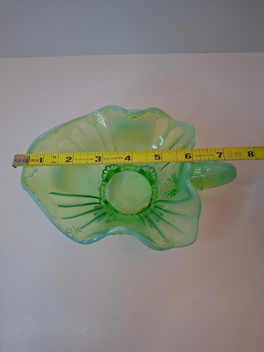 Antique Jefferson Glass Green Opalescent Jewel and Fan 3-Footed Nappy Dish 1905 EAPG