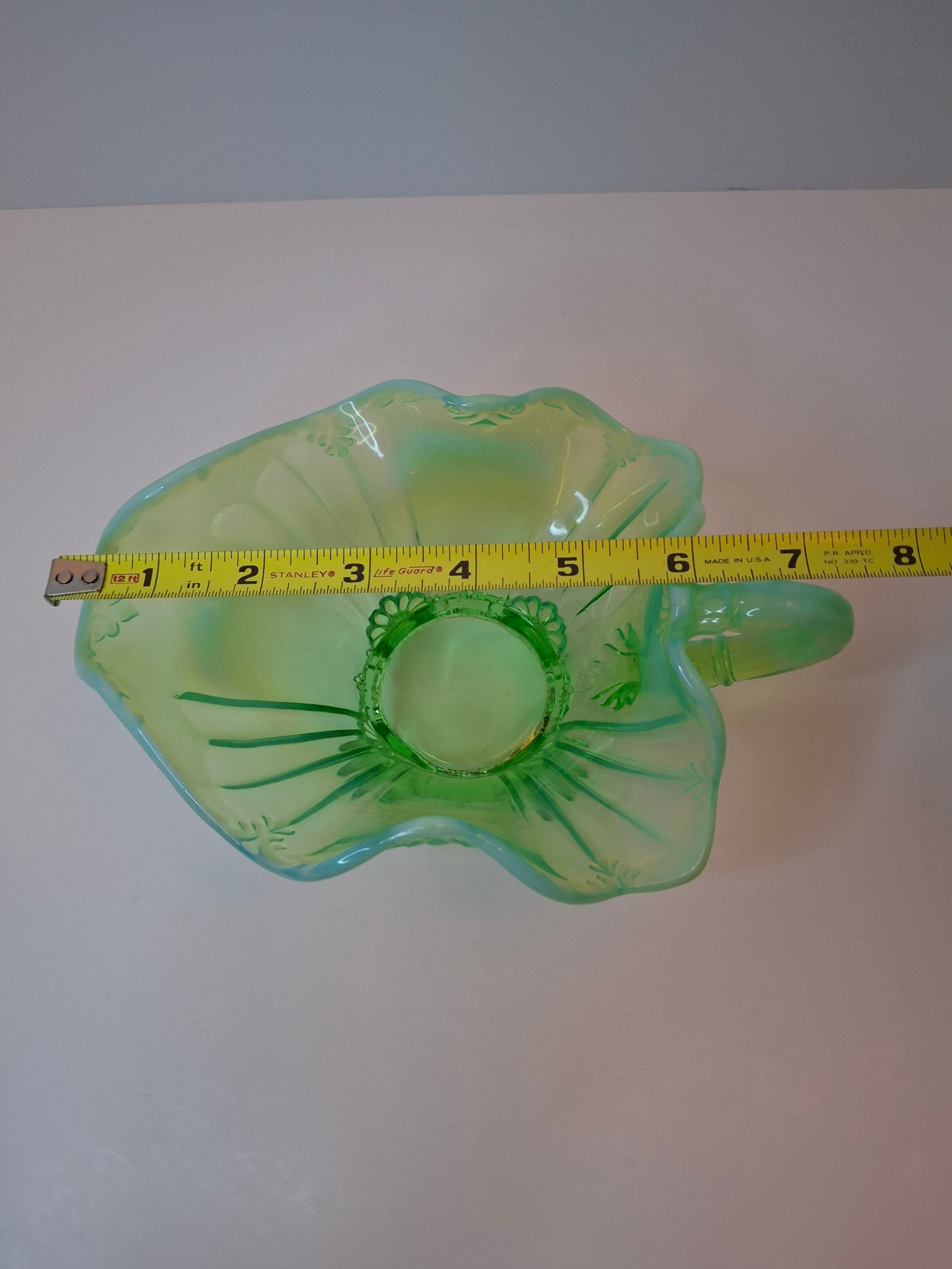 Antique Jefferson Glass Green Opalescent Jewel and Fan 3-Footed Nappy Dish 1905 EAPG