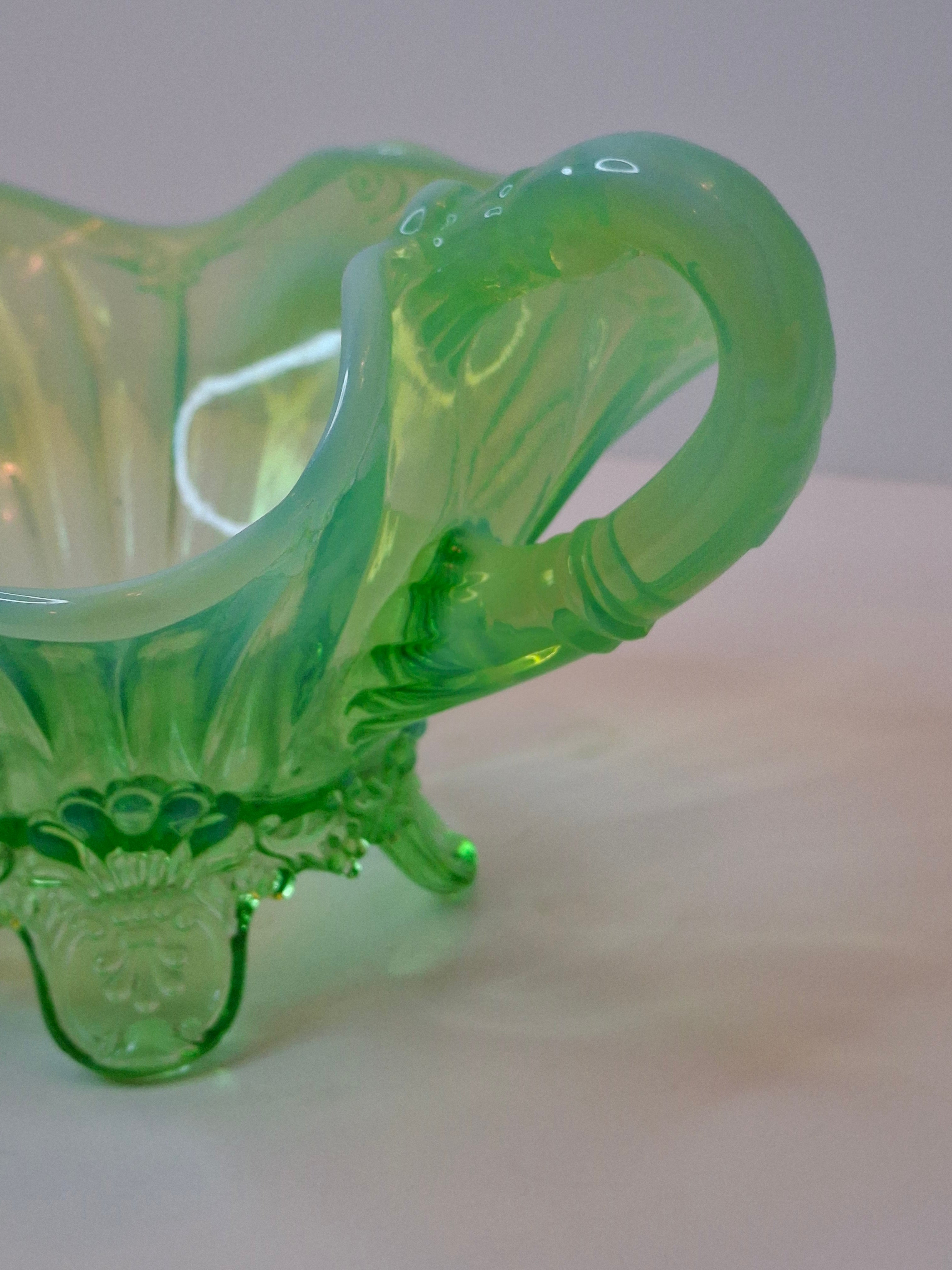 Antique Jefferson Glass Green Opalescent Jewel and Fan 3-Footed Nappy Dish 1905 EAPG