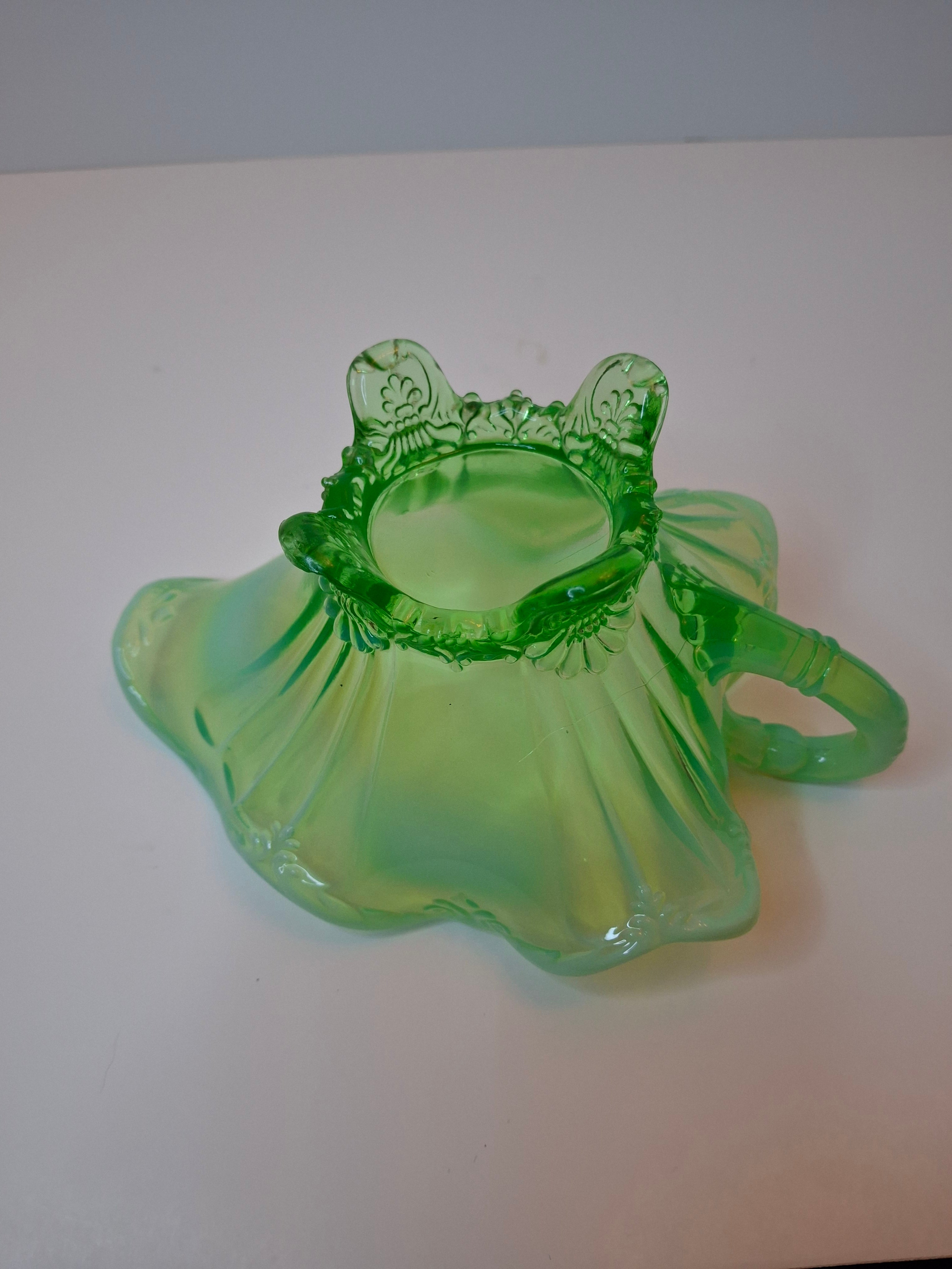 Antique Jefferson Glass Green Opalescent Jewel and Fan 3-Footed Nappy Dish 1905 EAPG
