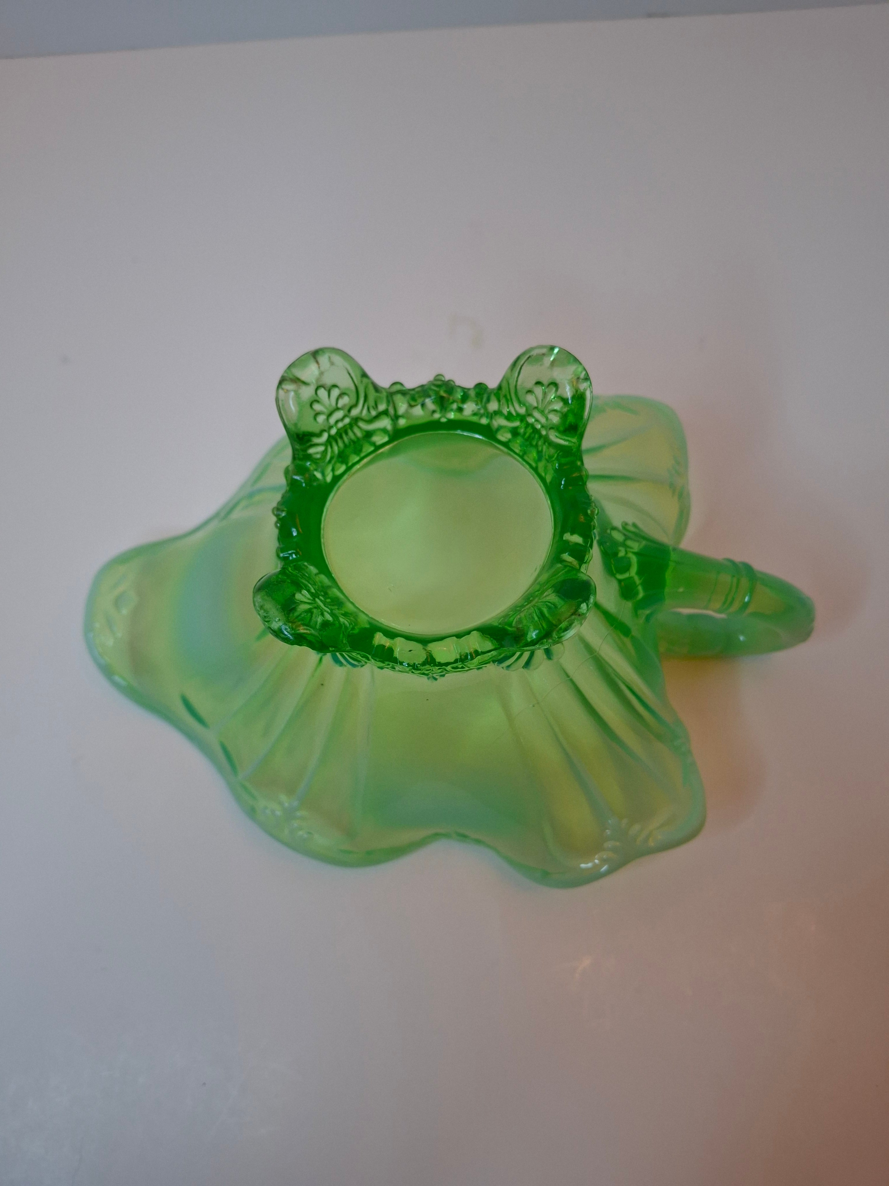 Antique Jefferson Glass Green Opalescent Jewel and Fan 3-Footed Nappy Dish 1905 EAPG