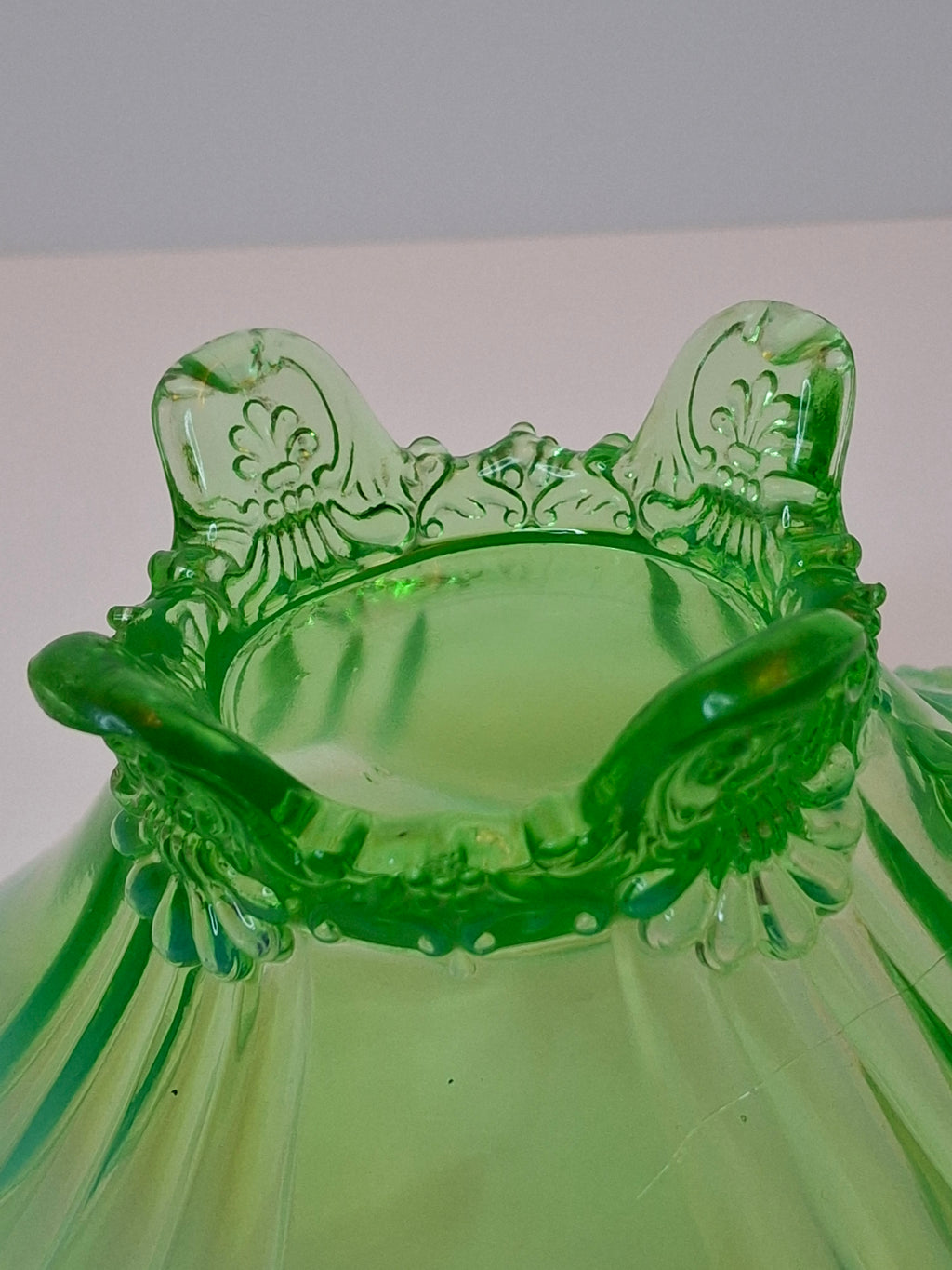 Antique Jefferson Glass Green Opalescent Jewel and Fan 3-Footed Nappy Dish 1905 EAPG