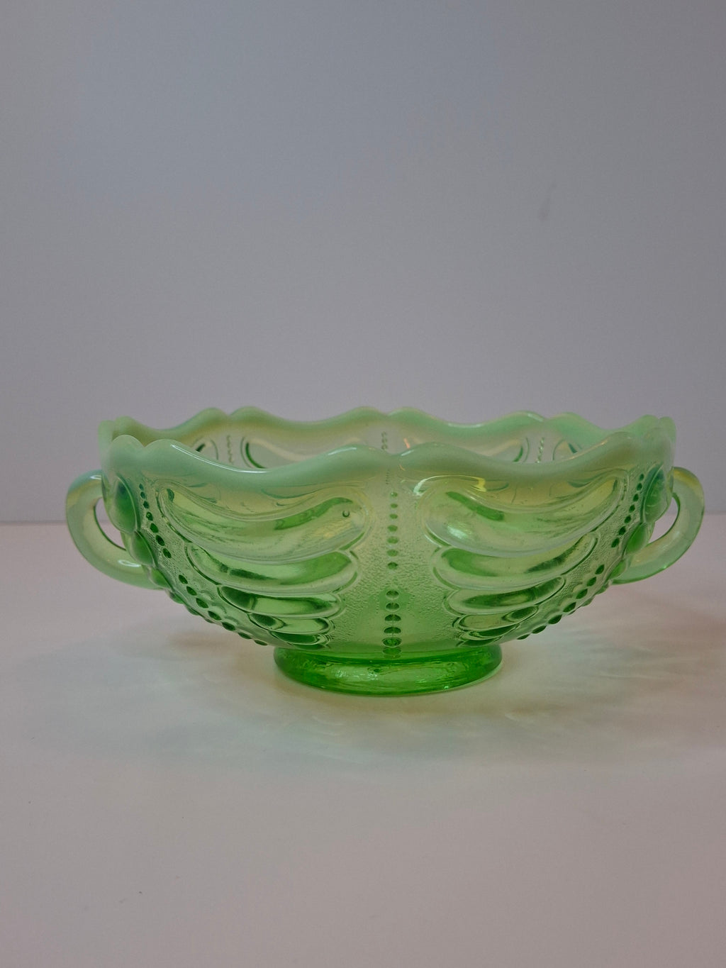 Antique Jefferson Glass Green Opalescent Reverse Swirl Bowl 2-Handle Nappy 1905