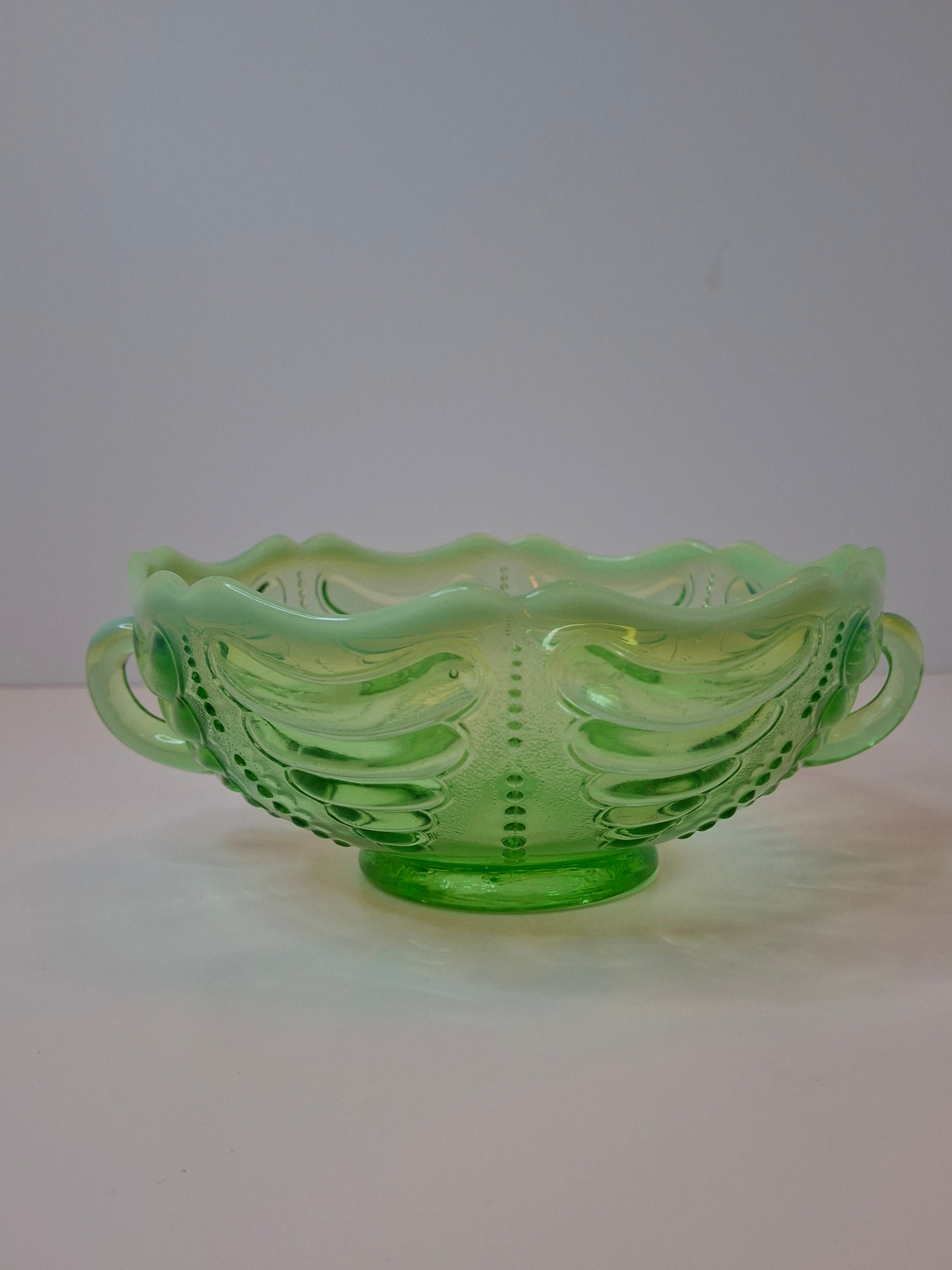 Antique Jefferson Glass Green Opalescent Reverse Swirl Bowl 2-Handle Nappy 1905
