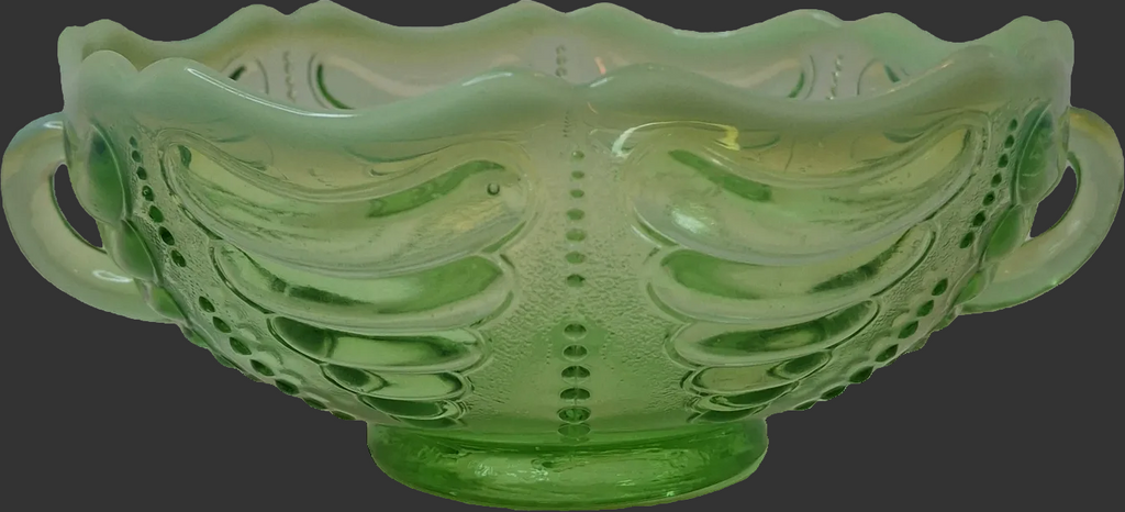 Antique Jefferson Glass Green Opalescent Reverse Swirl Bowl 2-Handle Nappy 1905