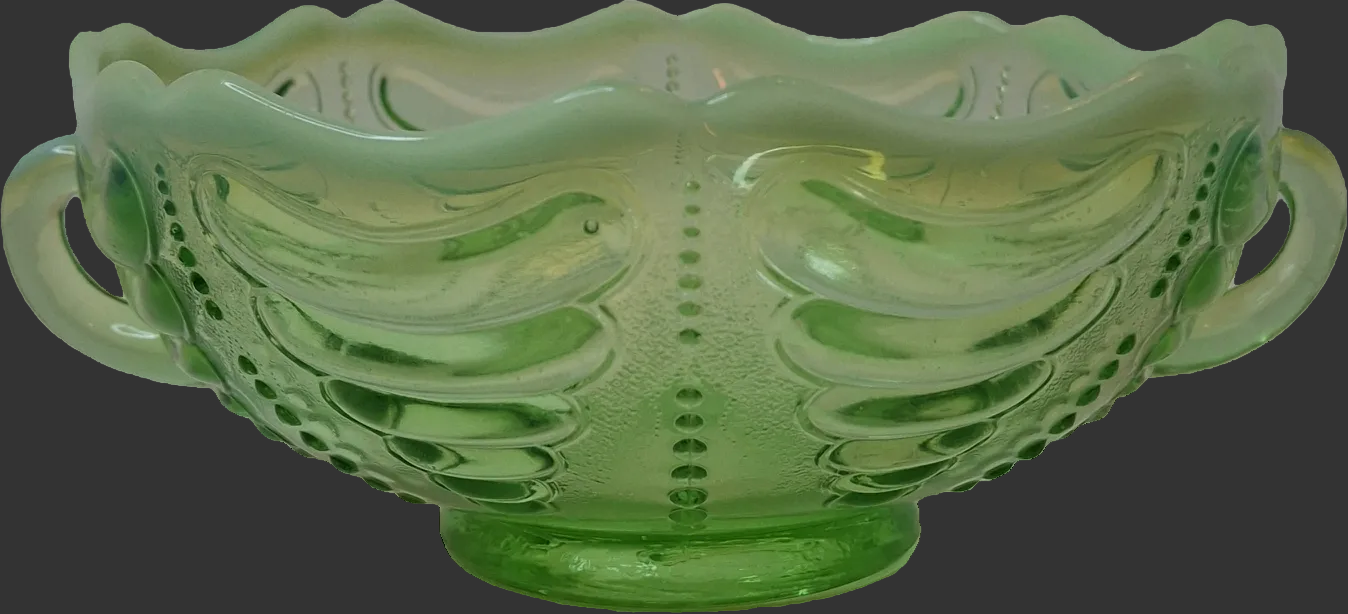 Antique Jefferson Glass Green Opalescent Reverse Swirl Bowl 2-Handle Nappy 1905