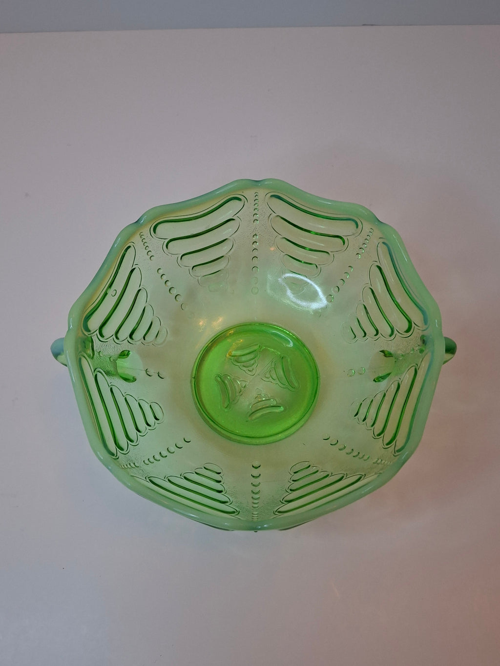 Antique Jefferson Glass Green Opalescent Reverse Swirl Bowl 2-Handle Nappy 1905