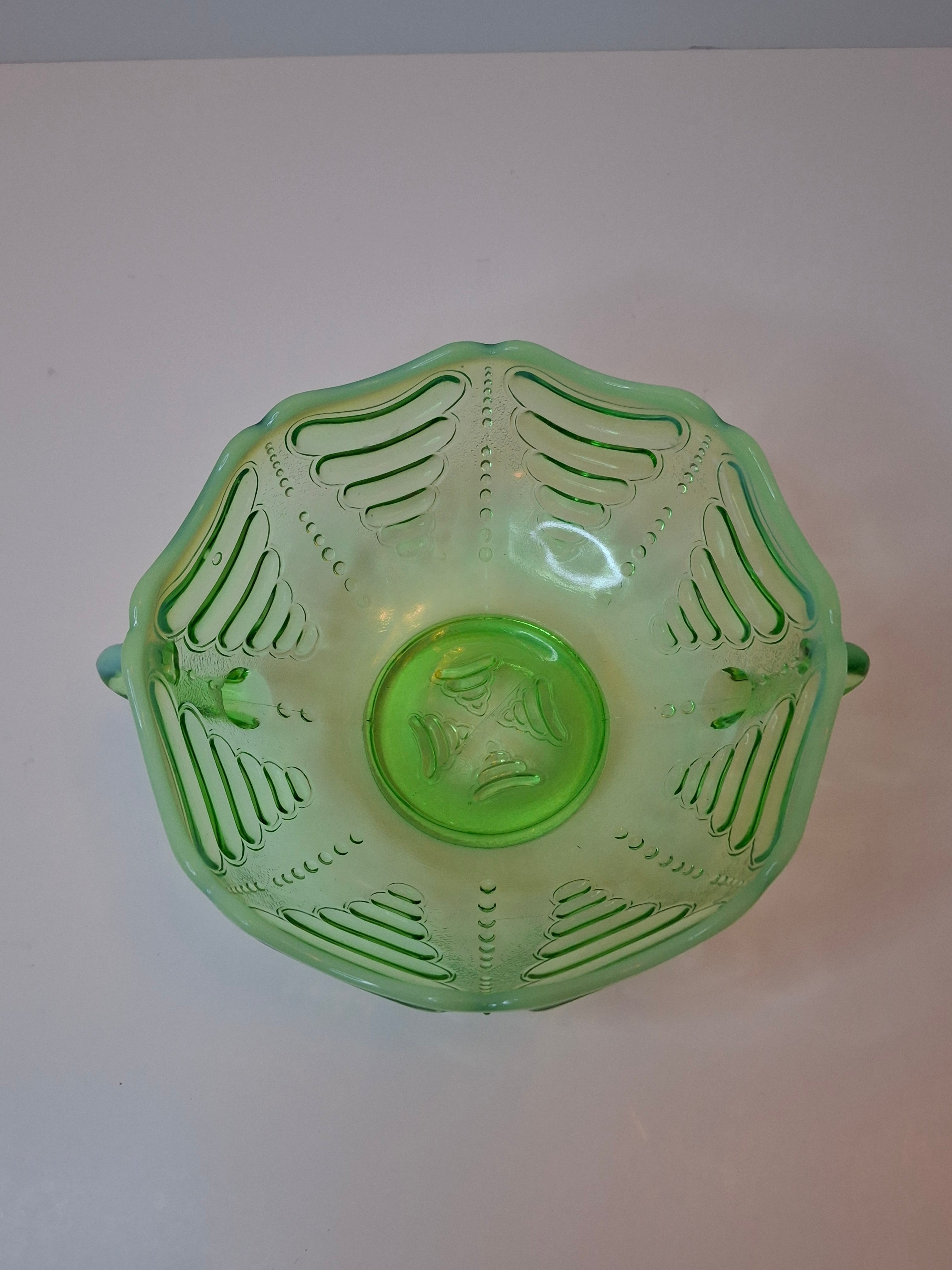 Antique Jefferson Glass Green Opalescent Reverse Swirl Bowl 2-Handle Nappy 1905