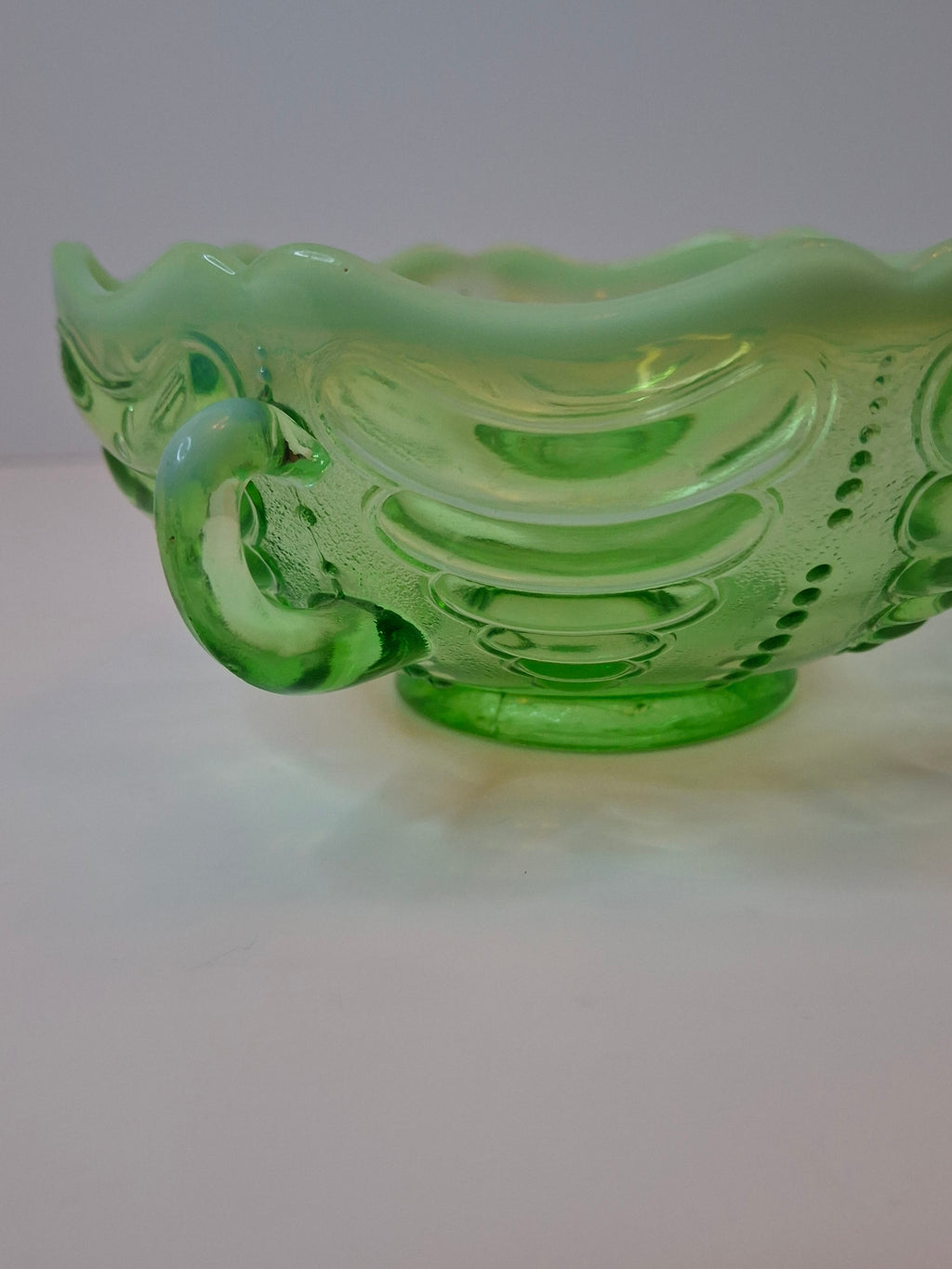 Antique Jefferson Glass Green Opalescent Reverse Swirl Bowl 2-Handle Nappy 1905