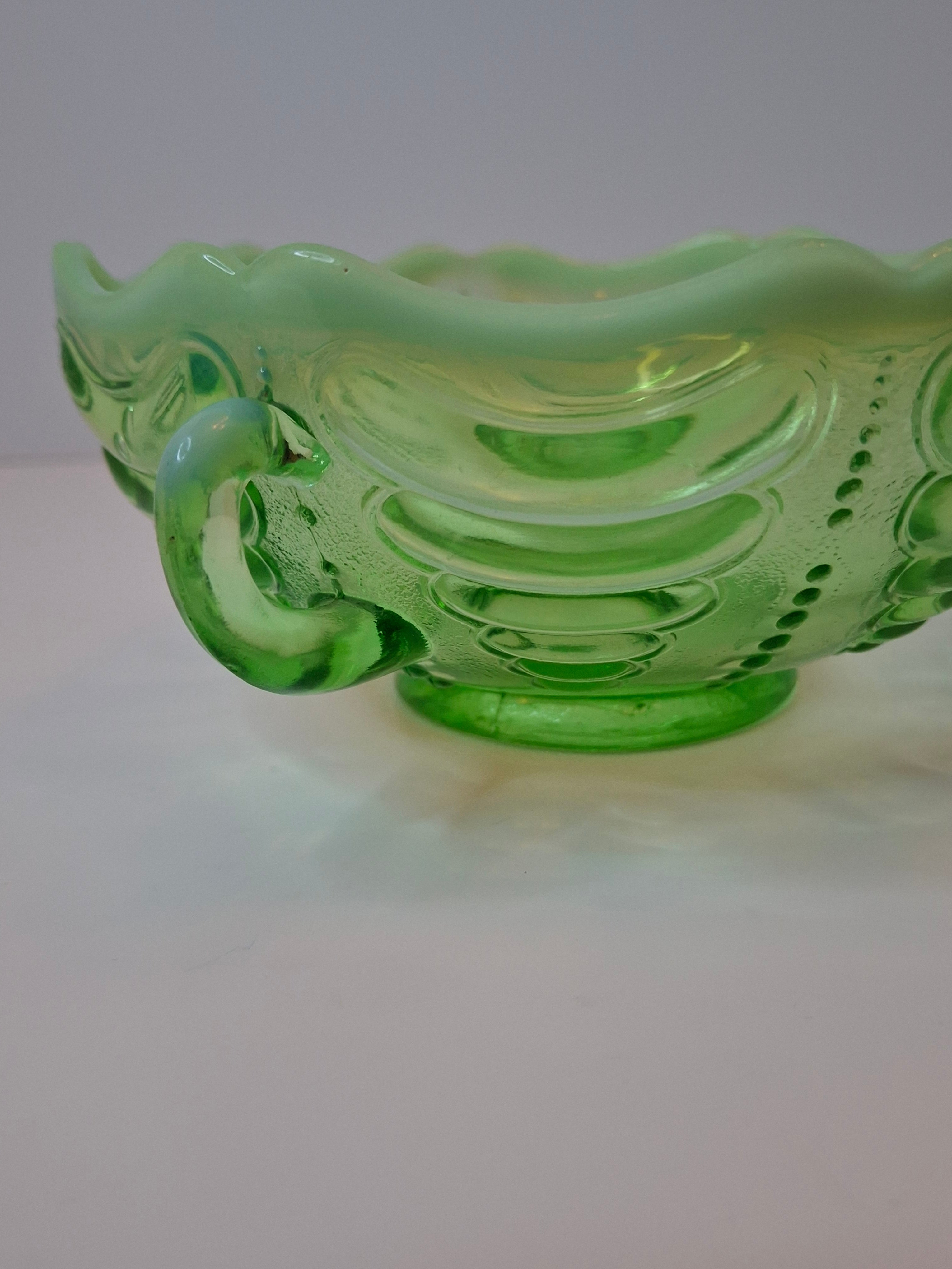 Antique Jefferson Glass Green Opalescent Reverse Swirl Bowl 2-Handle Nappy 1905