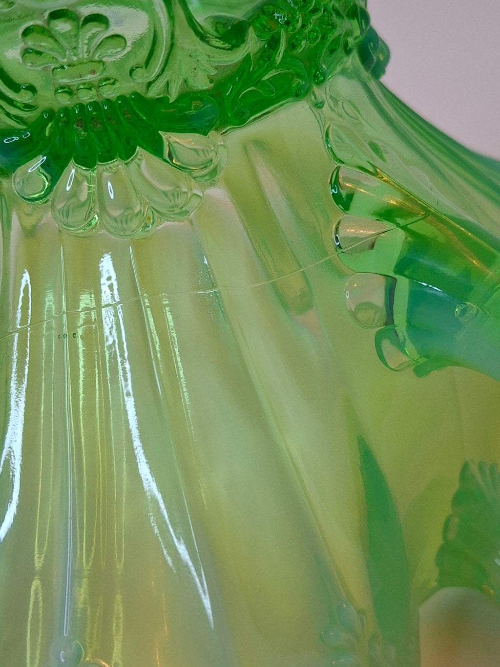 Antique Jefferson Glass Green Opalescent Reverse Swirl Bowl 2-Handle Nappy 1905