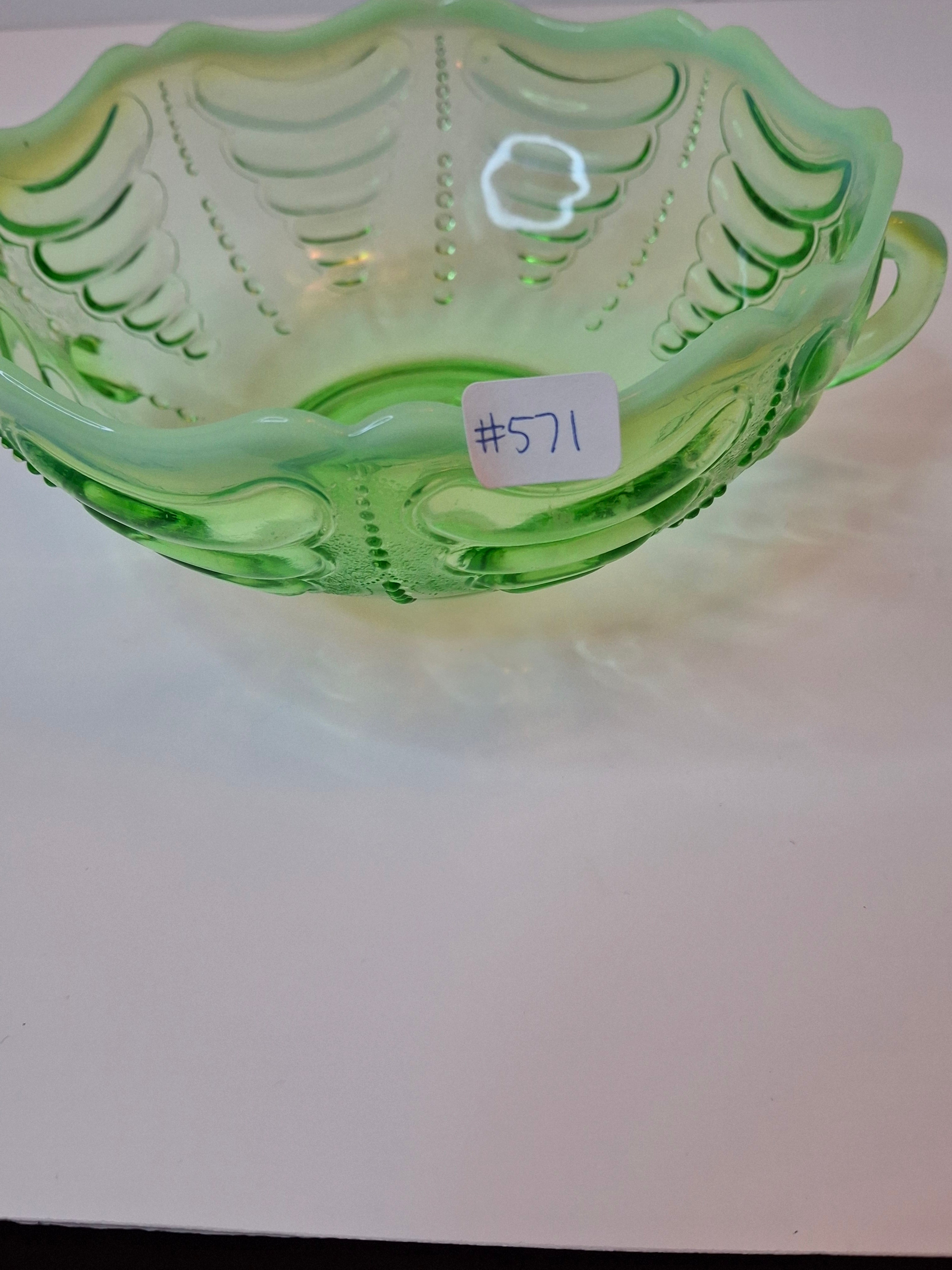 Antique Jefferson Glass Green Opalescent Reverse Swirl Bowl 2-Handle Nappy 1905