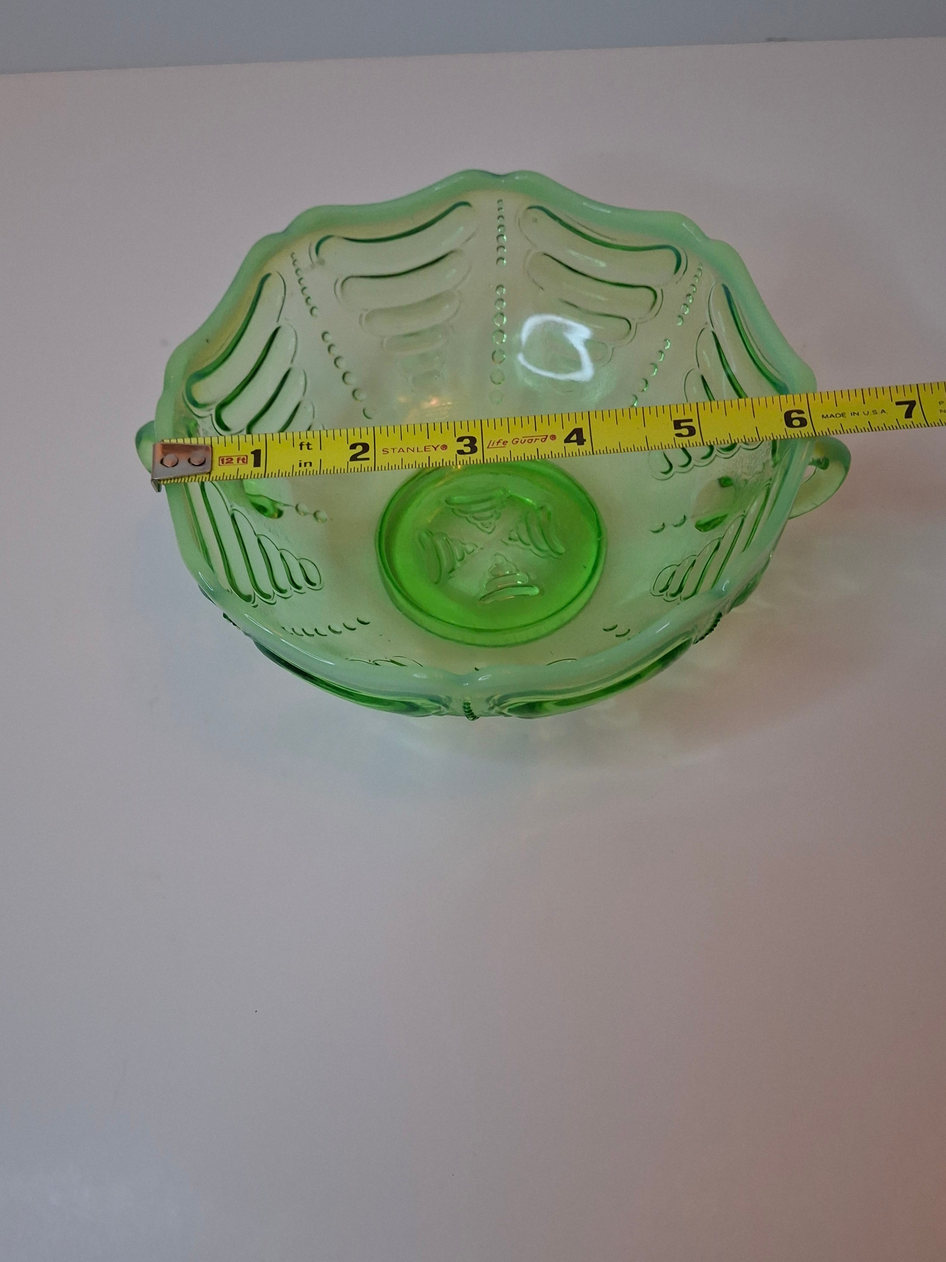 Antique Jefferson Glass Green Opalescent Reverse Swirl Bowl 2-Handle Nappy 1905