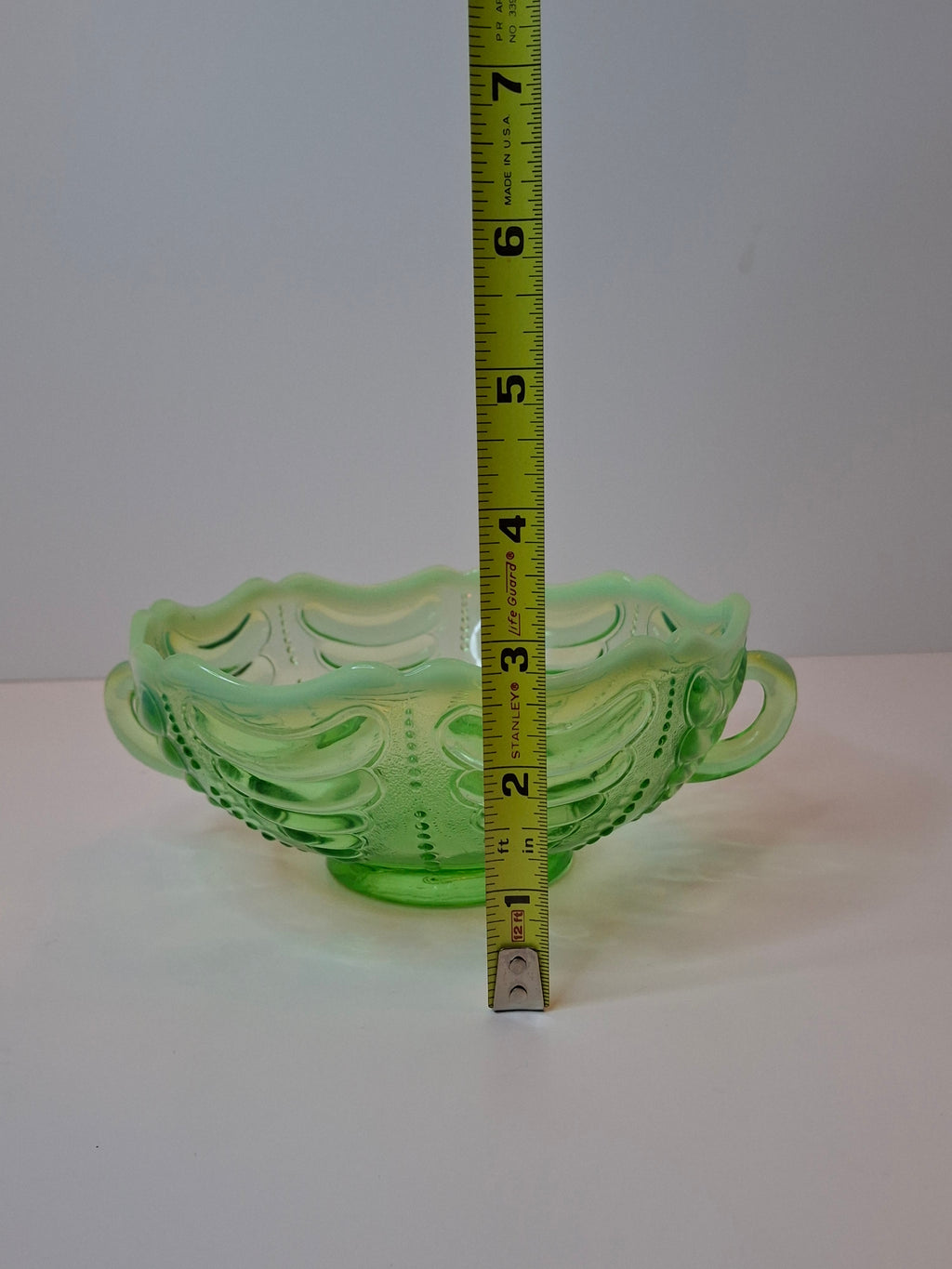 Antique Jefferson Glass Green Opalescent Reverse Swirl Bowl 2-Handle Nappy 1905