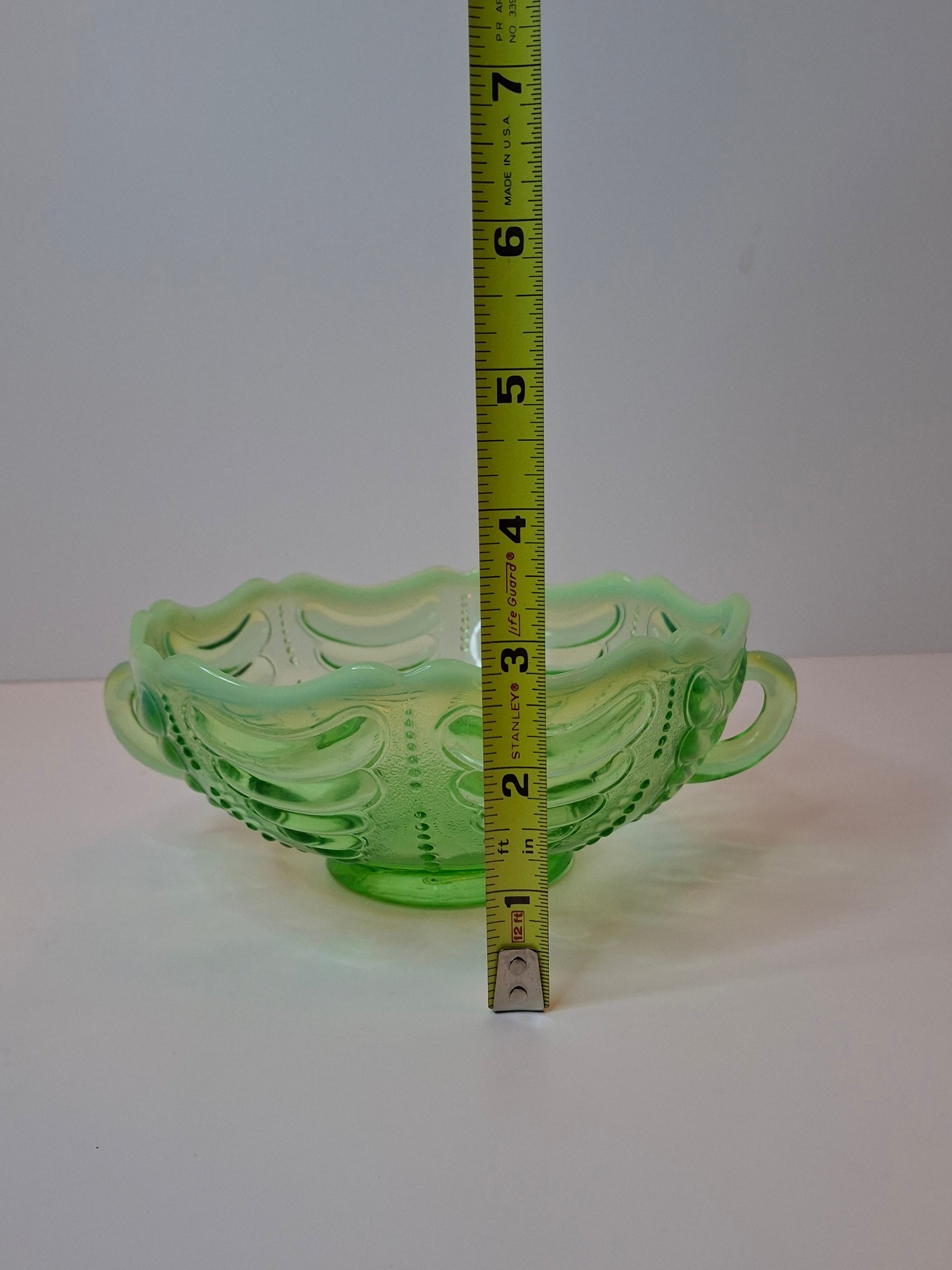 Antique Jefferson Glass Green Opalescent Reverse Swirl Bowl 2-Handle Nappy 1905