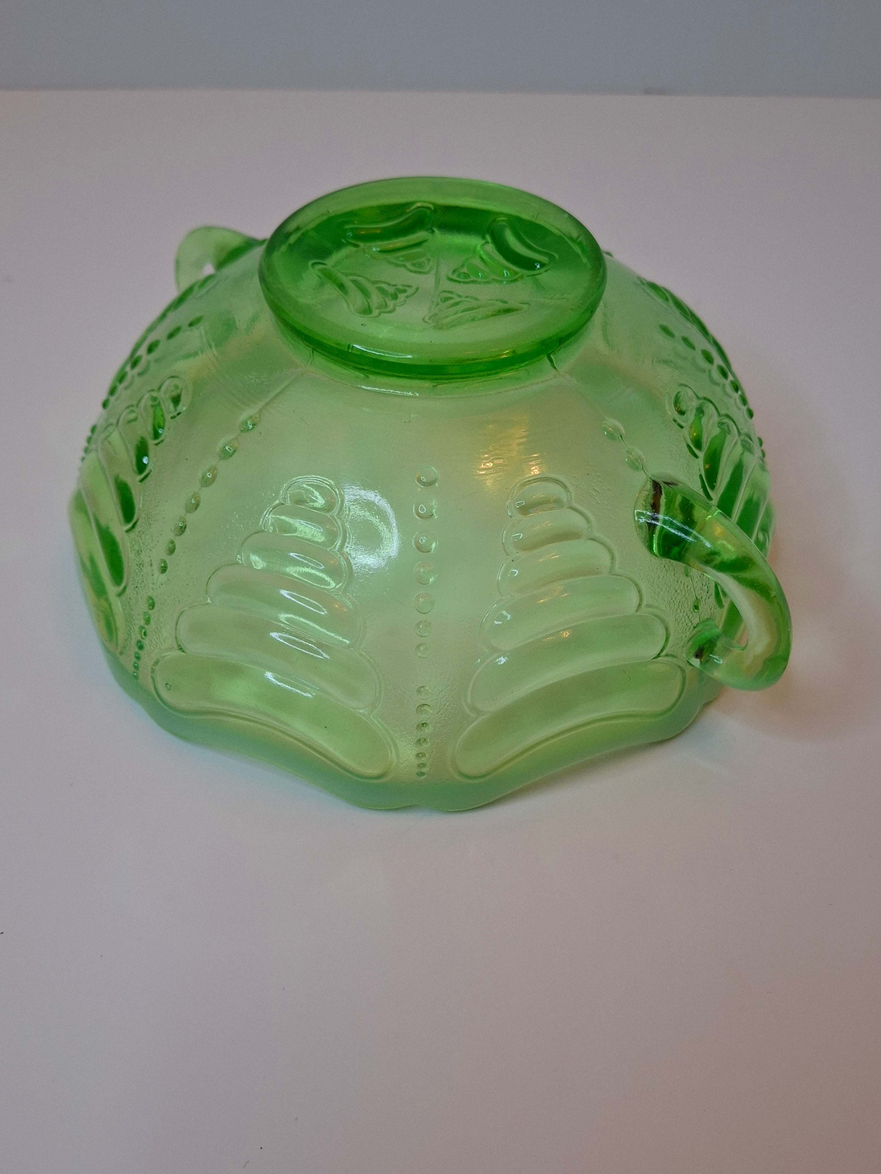 Antique Jefferson Glass Green Opalescent Reverse Swirl Bowl 2-Handle Nappy 1905