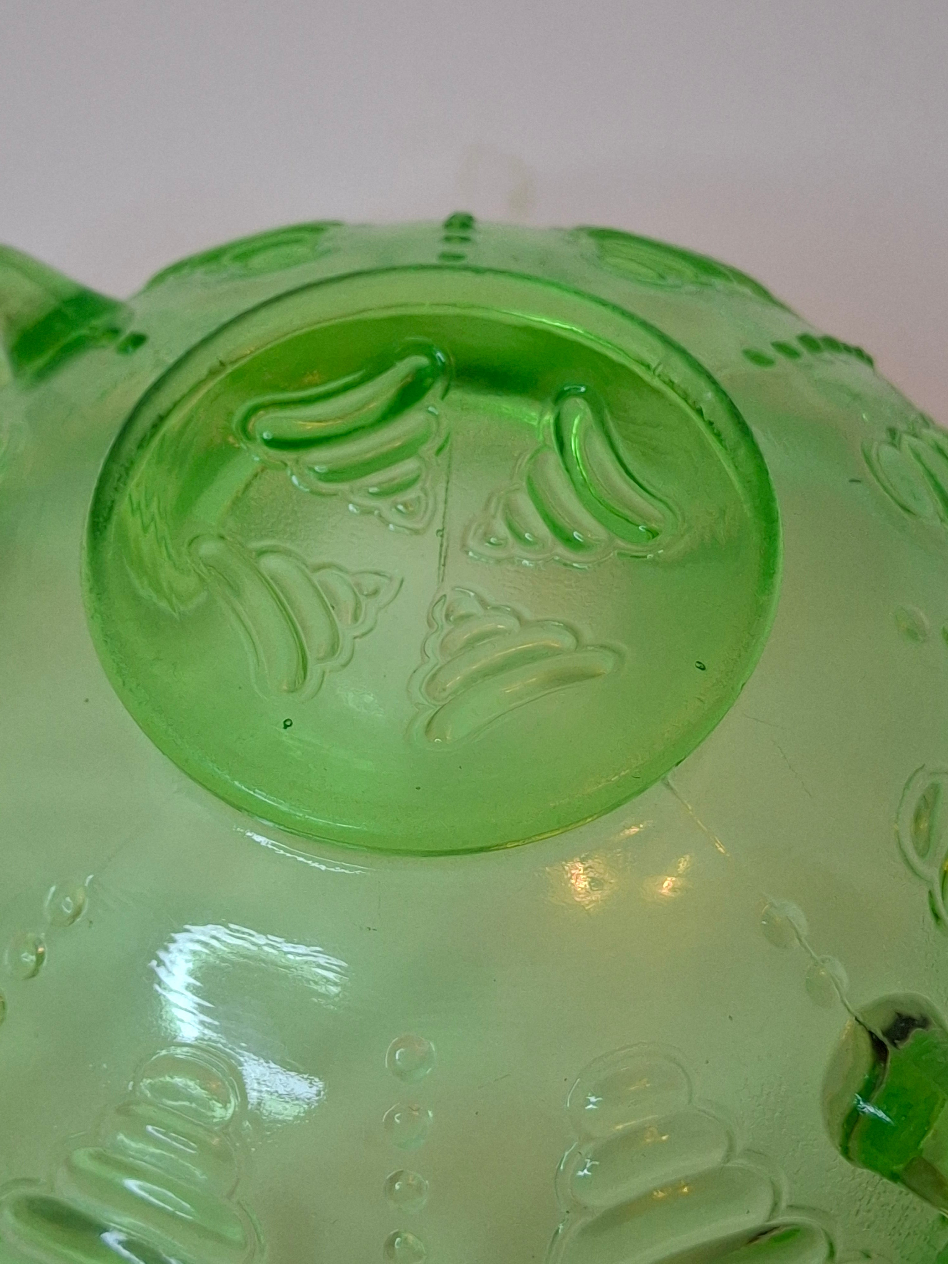Antique Jefferson Glass Green Opalescent Reverse Swirl Bowl 2-Handle Nappy 1905