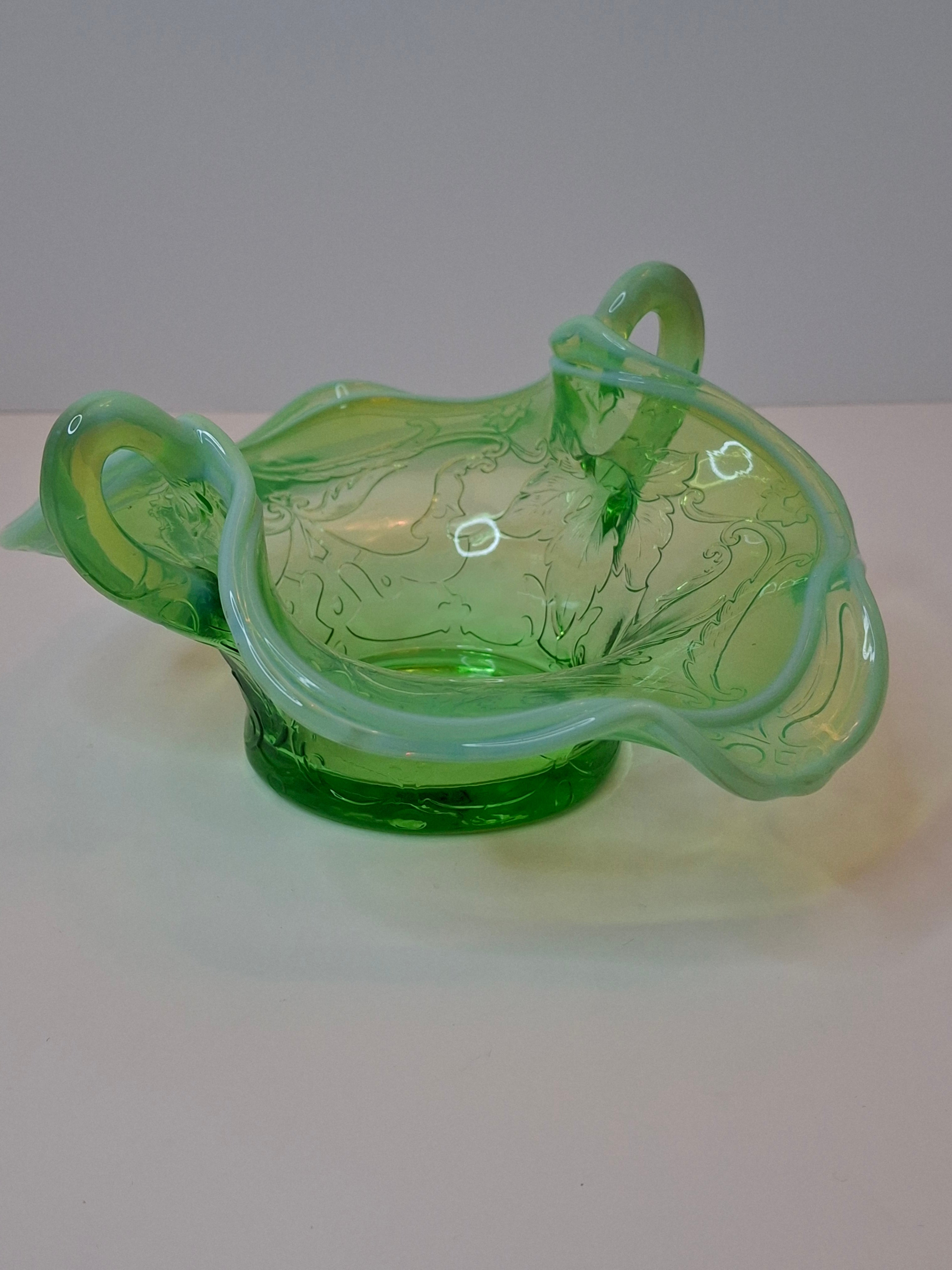 Vintage L.G. Wright Green Opalescent Maple Leaf Glass Sugar Bowl - Northwood Pattern D Hallmark
