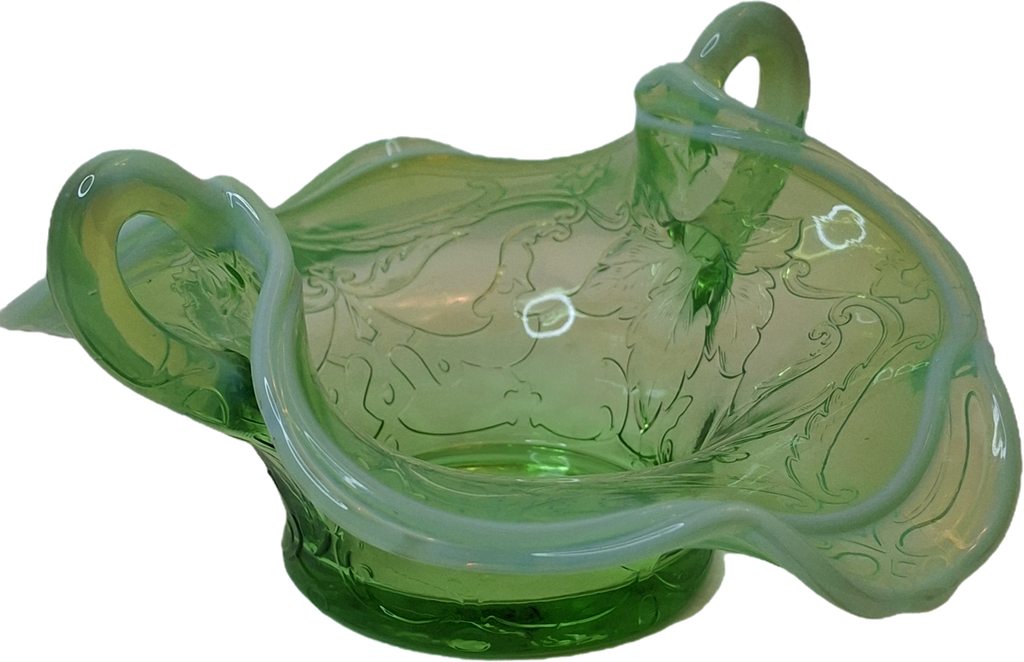 Vintage L.G. Wright Green Opalescent Maple Leaf Glass Sugar Bowl - Northwood Pattern D Hallmark