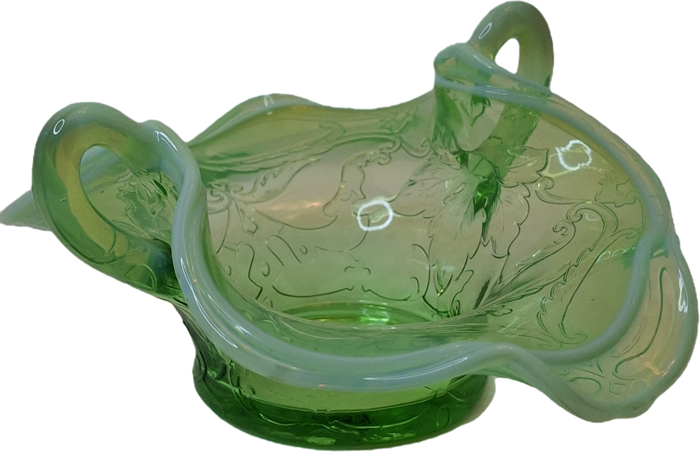 Vintage L.G. Wright Green Opalescent Maple Leaf Glass Sugar Bowl - Northwood Pattern D Hallmark