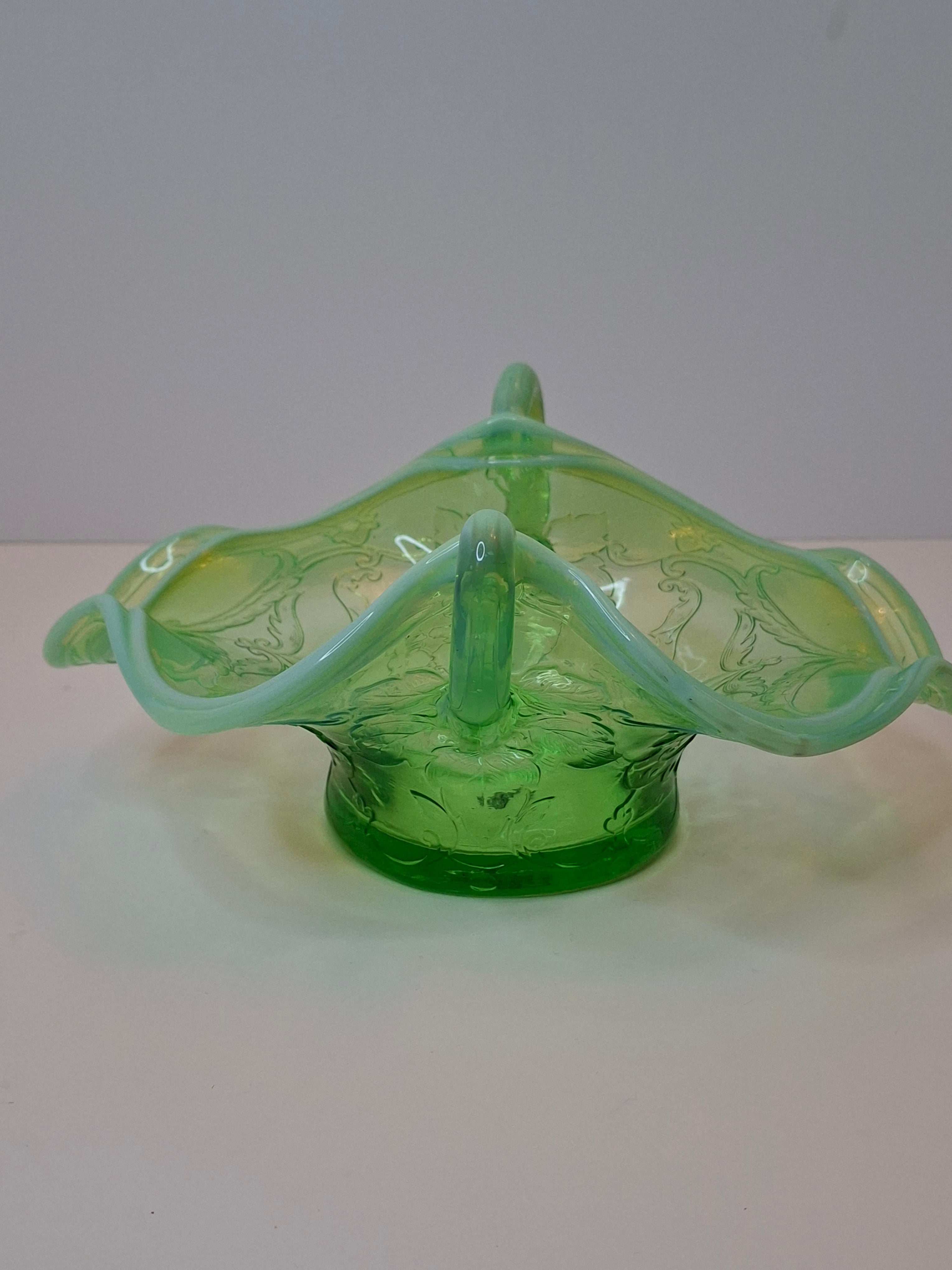 Vintage L.G. Wright Green Opalescent Maple Leaf Glass Sugar Bowl - Northwood Pattern D Hallmark