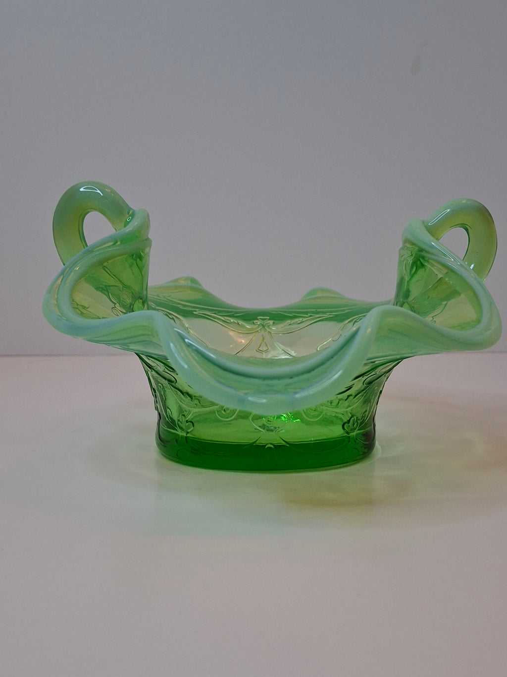 Vintage L.G. Wright Green Opalescent Maple Leaf Glass Sugar Bowl - Northwood Pattern D Hallmark